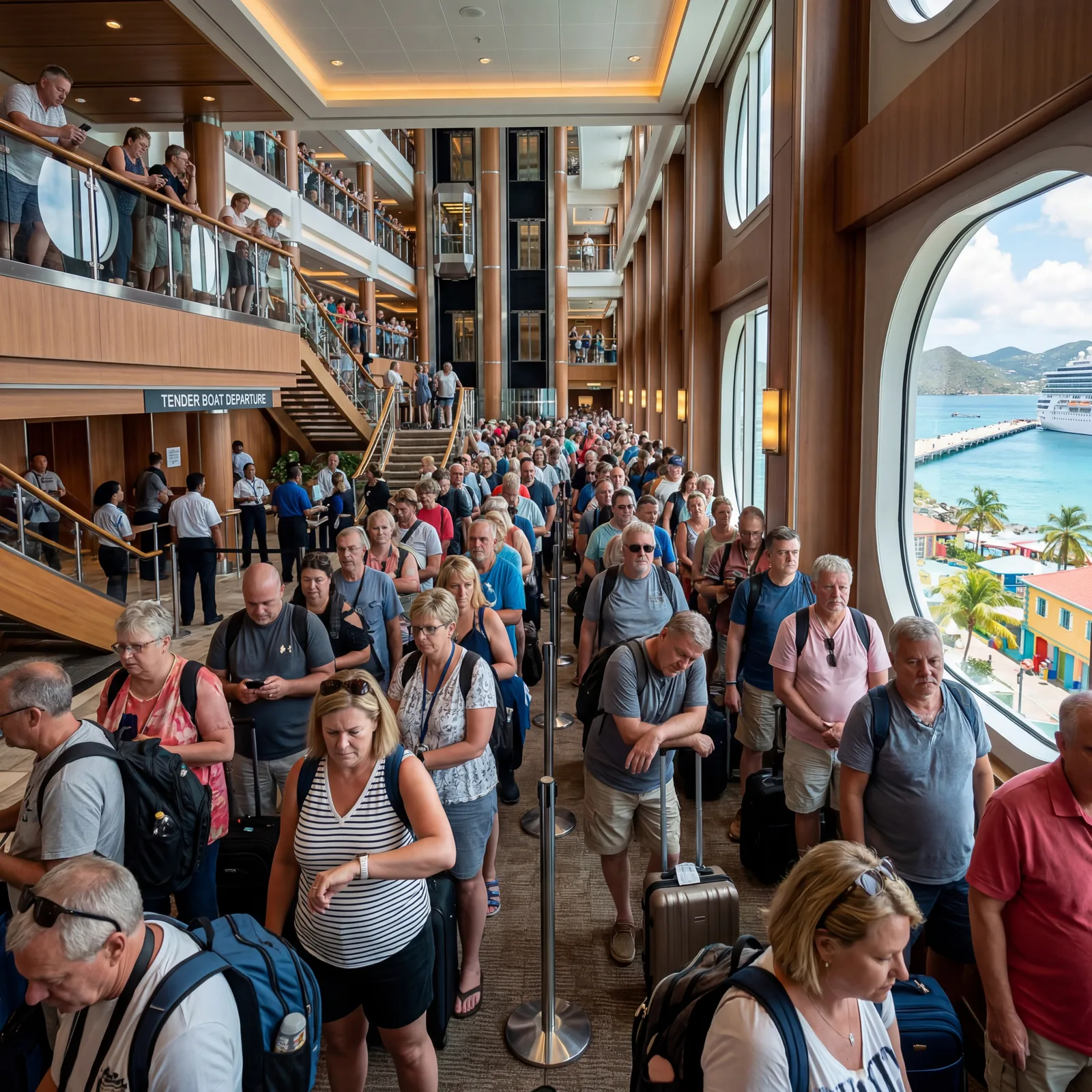 Cruise passengers waiting in a long tender boat queue inside a large ship atrium, frustrated expressions, tropical port visible through porthole, photorealistic, editorial travel photography, no text, no watermark, 16:9
