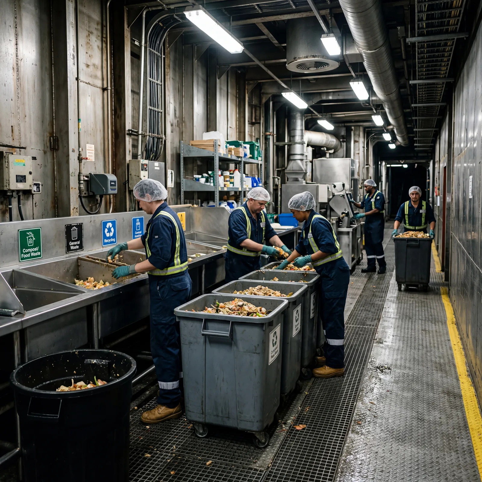 Cruise ship food waste processing area, crew members sorting food waste, industrial composting containers, below-deck service corridor, photorealistic, no text, no watermark, 16:9