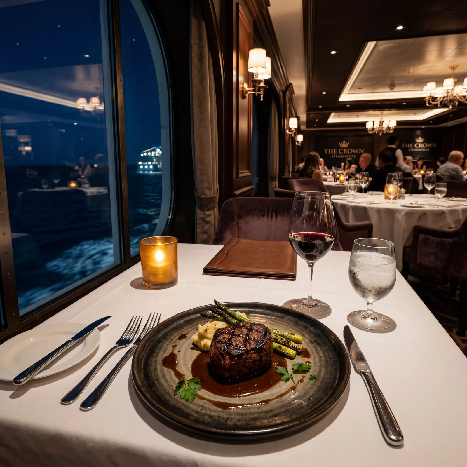 Elegant cruise ship specialty steakhouse interior, white tablecloths, dimly lit, plated filet mignon, photorealistic, cinematic, no text, no watermark, 16:9