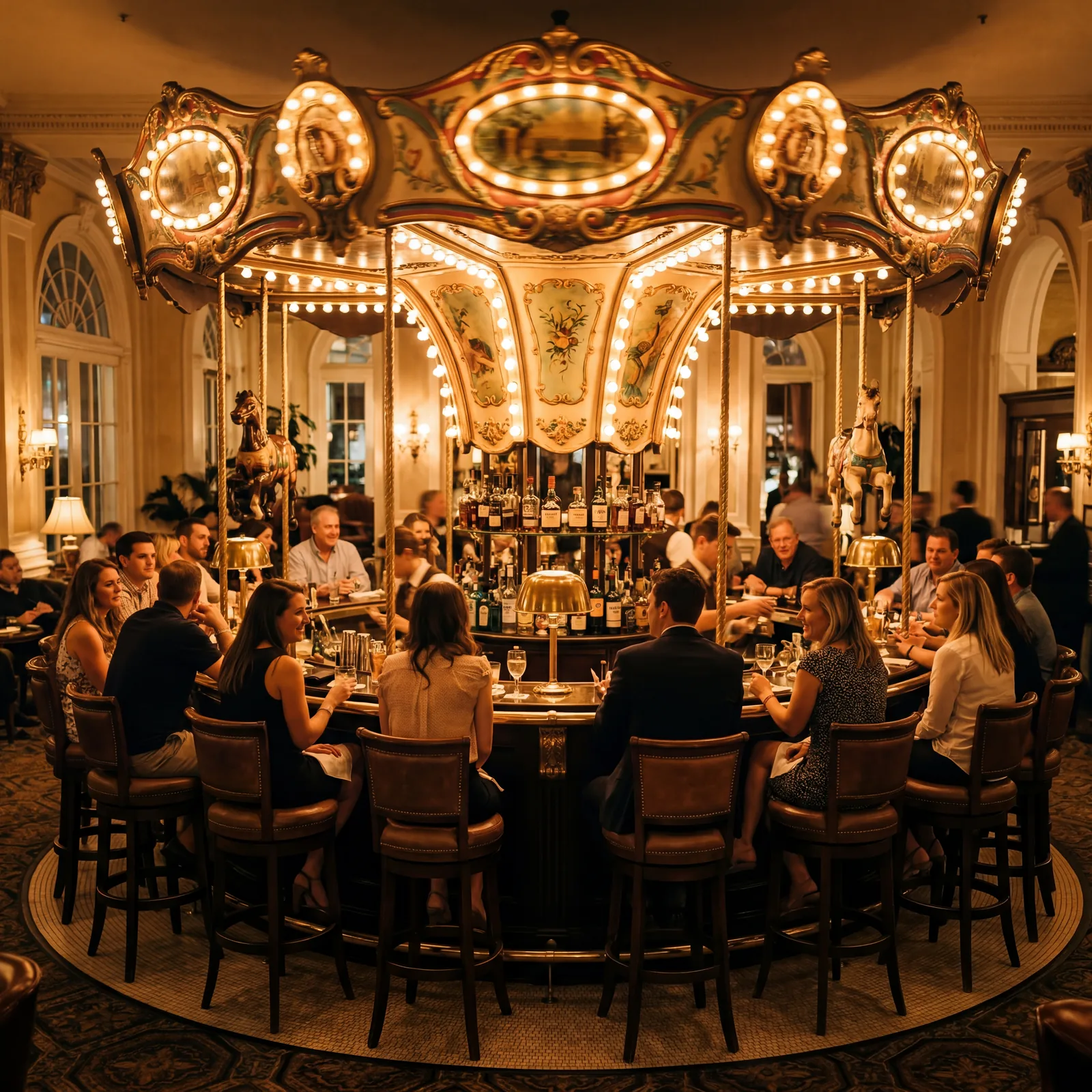 Famous slowly rotating Carousel Bar inside historic Hotel Monteleone in New Orleans with amber bar lighting and vintage stools, warm editorial travel photography, photorealistic, no text, no watermark, 16:9