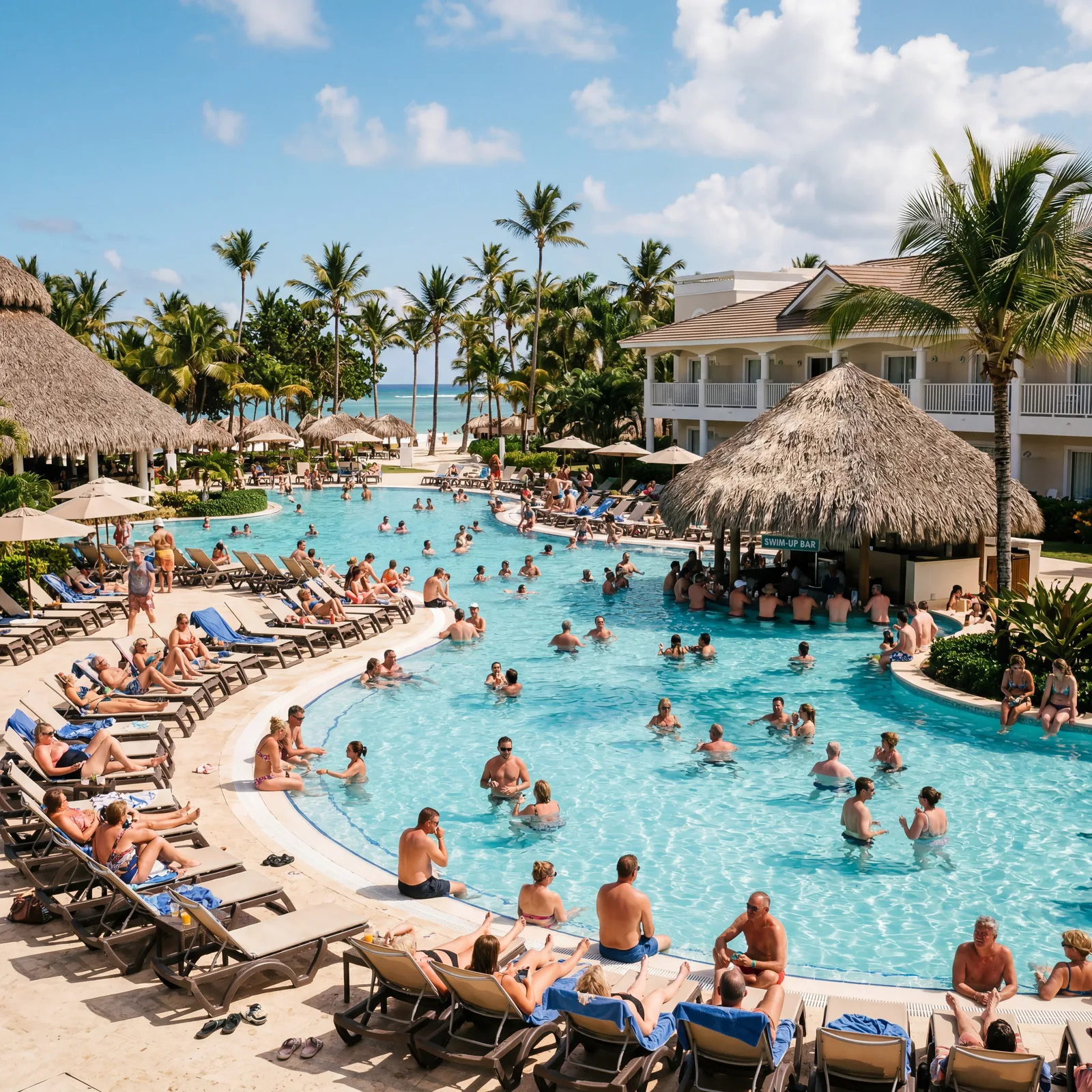 Generic all-inclusive resort pool in Punta Cana Dominican Republic, lots of tourists, photorealistic, warm editorial travel photography, no text, no watermark, 16:9