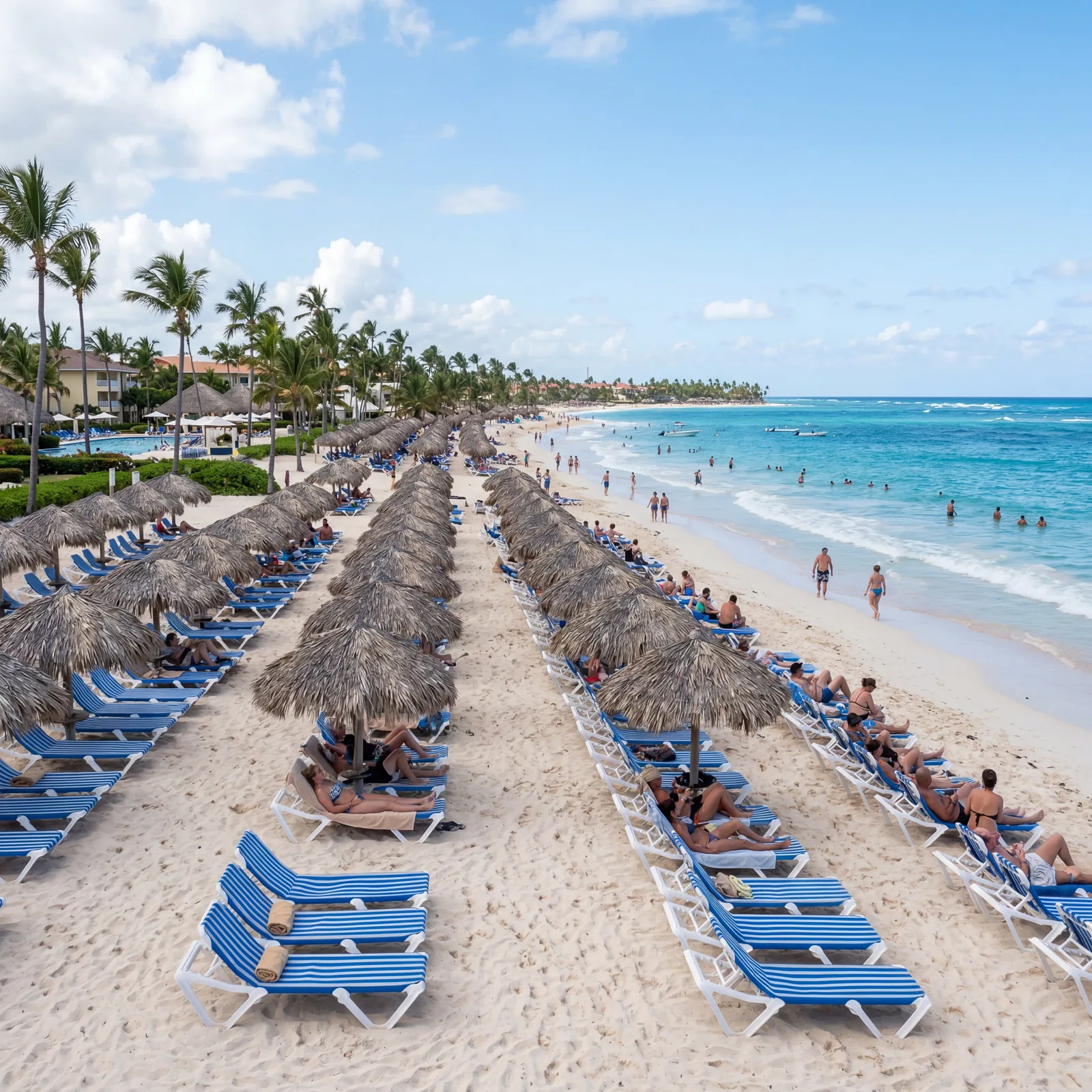 Generic Punta Cana all-inclusive resort beach with rows of sun loungers, Dominican Republic, photorealistic, no text, no watermark, 16:9