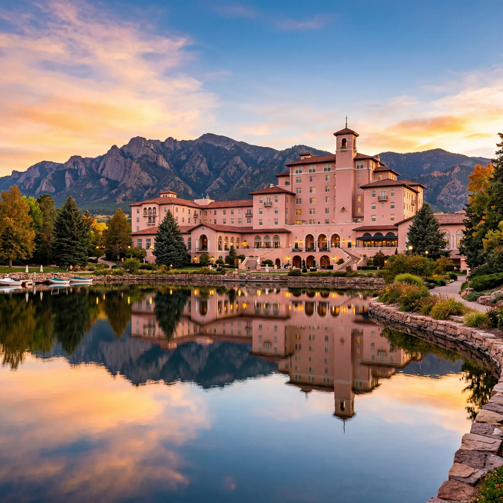 Grand mountain resort hotel reflected in a mirror-still lake in Colorado Springs, pink Mediterranean Revival architecture, Rocky Mountain backdrop, warm editorial travel photography, golden hour, photorealistic, no text, no watermark, 16:9