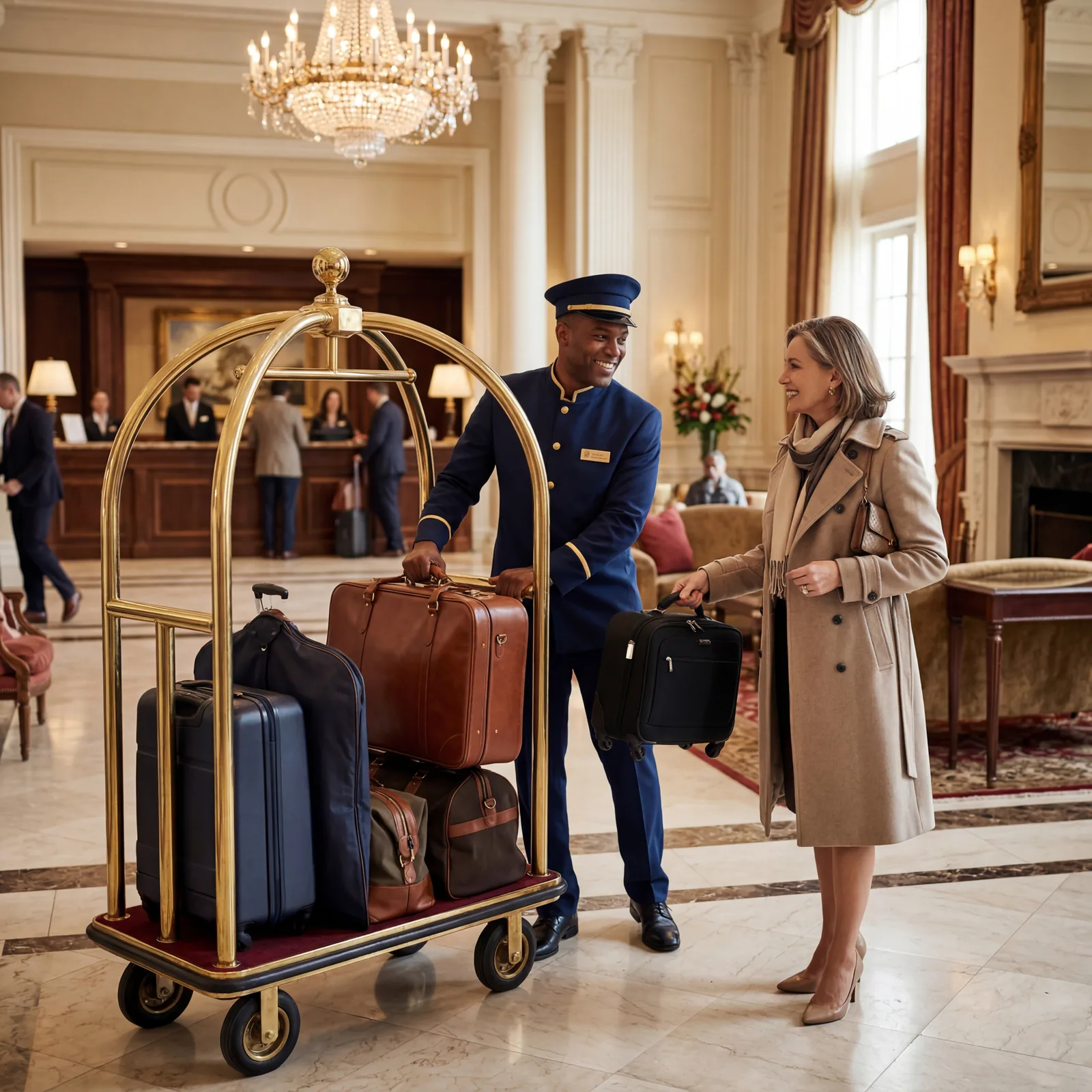 Hotel bellman smiling and loading luggage onto cart in luxury hotel lobby, guest handing over bags, photorealistic, editorial photography, no text, no watermark, 16:9