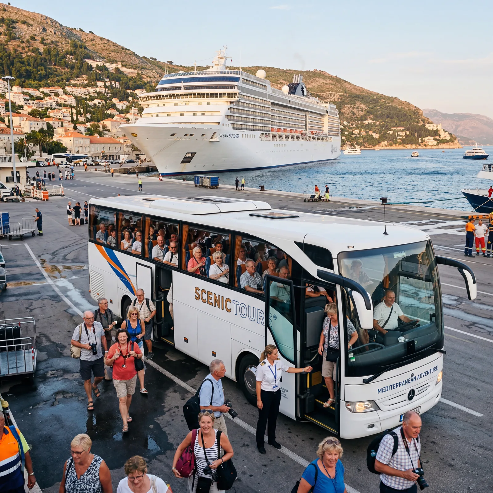 Tour bus full of cruise passengers at a port, ship visible in background, warm daylight, travel documentary photography, photorealistic, no text, no watermark, 16:9