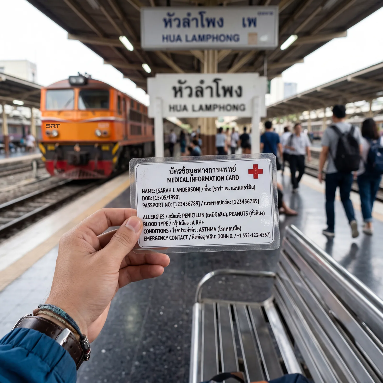 A laminated medical information card with text in Thai and English, travel setting, close-up, photorealistic, no text overlay, no watermark, 16:9