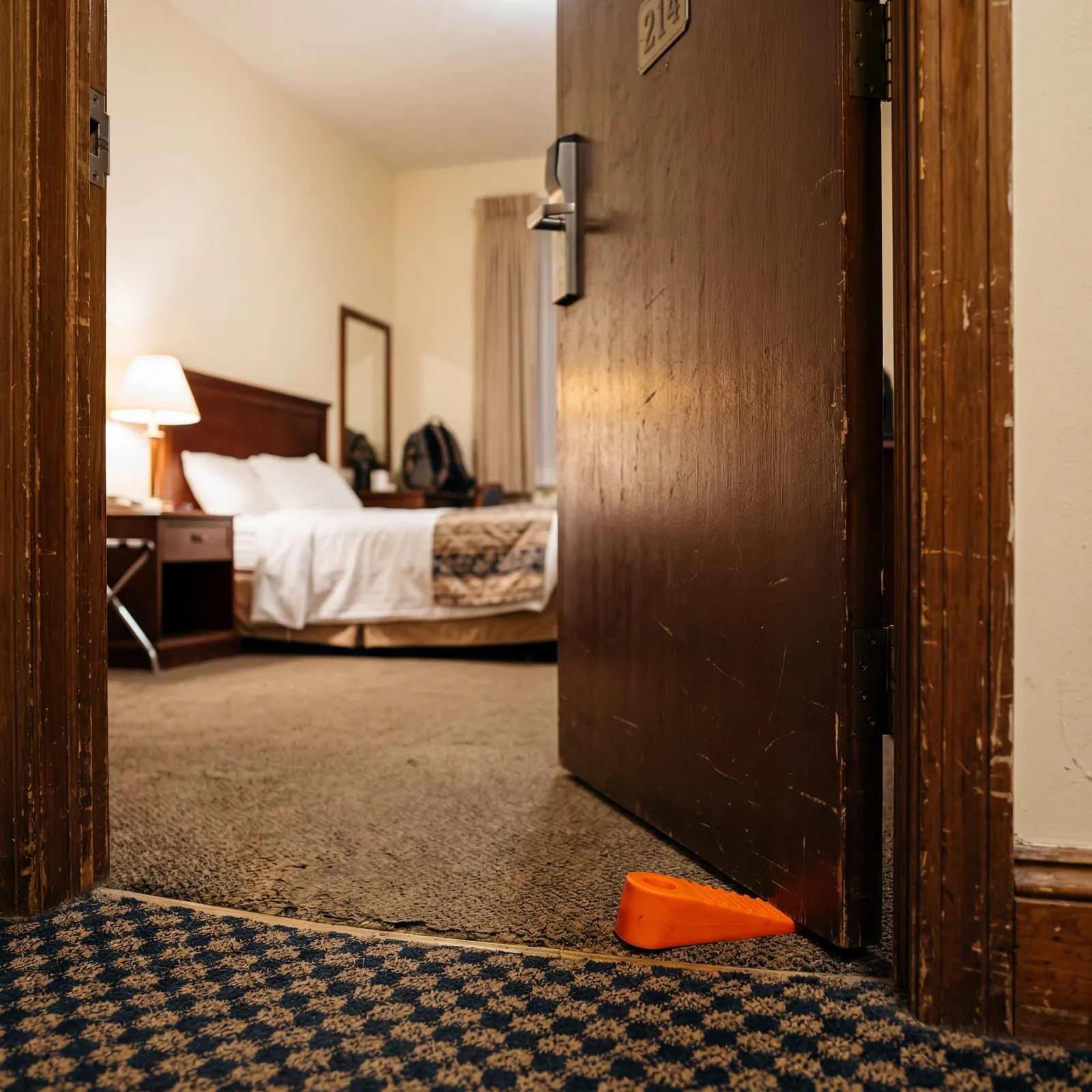 A small orange rubber doorstop wedged under a hotel room door, budget hotel room in background, photorealistic, warm travel photography, no text, no watermark, 16:9