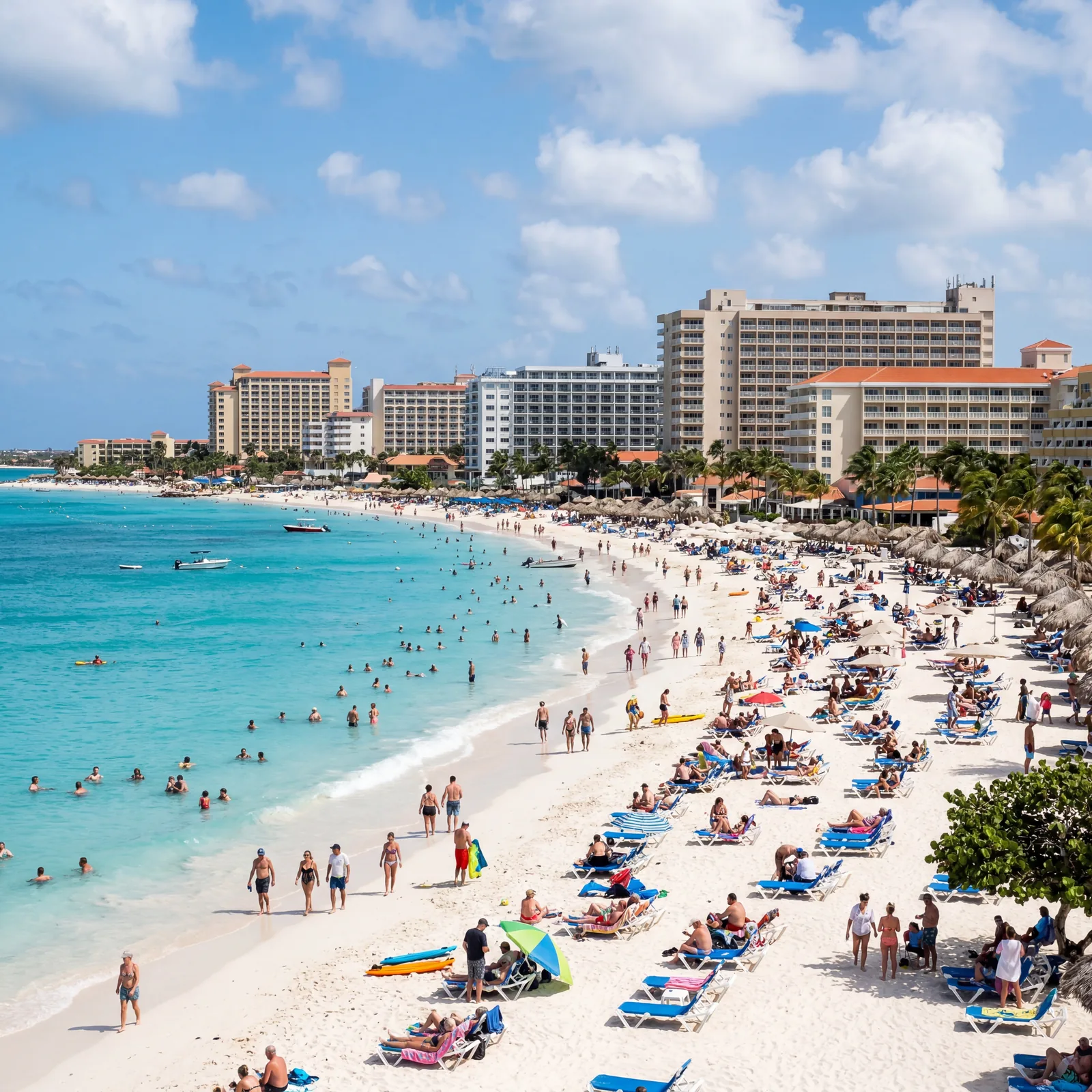Aruba Eagle Beach with busy resort hotels in background, high tourist season, photorealistic, no text, no watermark, 16:9