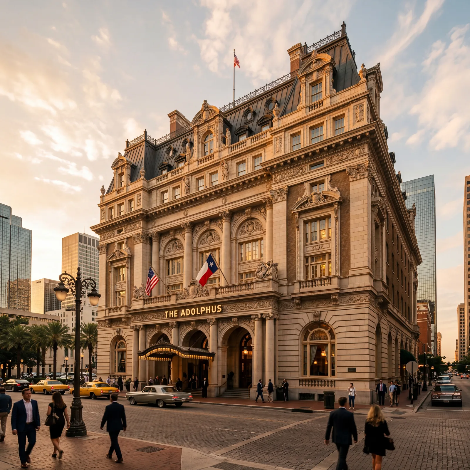Beaux-Arts historic hotel facade in downtown Dallas Texas with ornate stonework and carved stone details, warm editorial travel photography, golden hour, photorealistic, no text, no watermark, 16:9