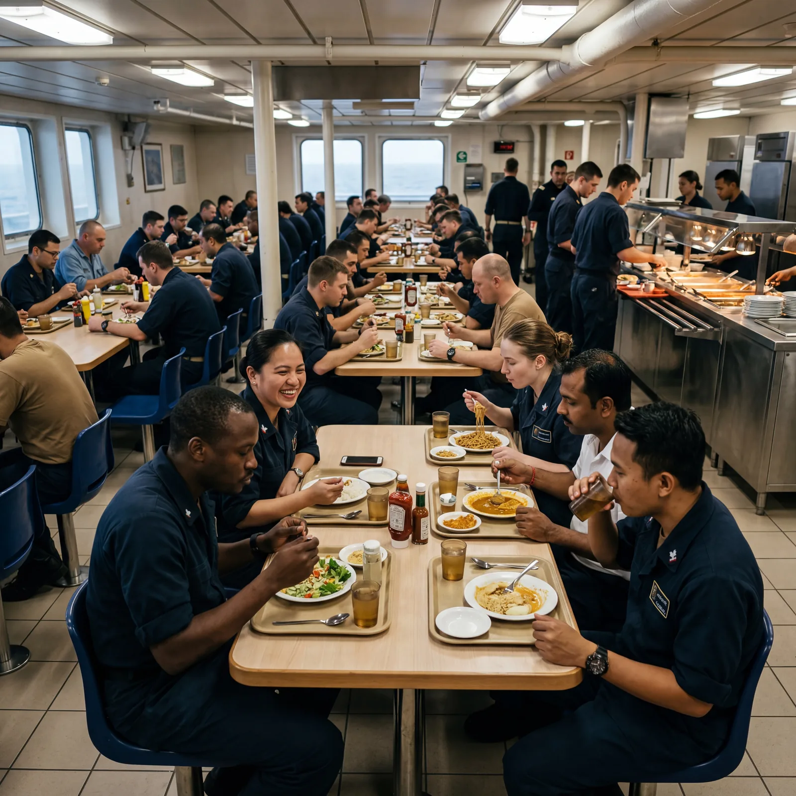 Crew mess hall on a cruise ship, simple canteen-style dining, international crew members eating together, photorealistic, documentary style, no text, no watermark, 16:9