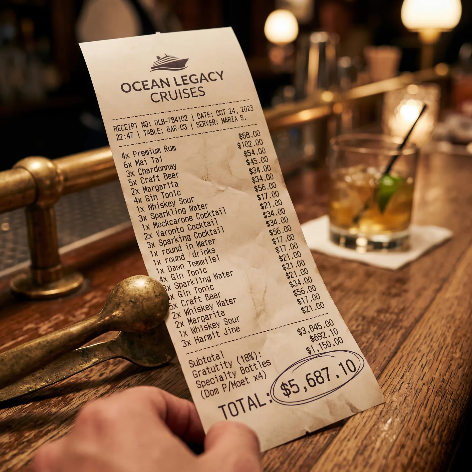 cruise ship bar tab receipt with shocking total amount, close-up on paper slip, warm editorial photography, no text, no watermark, 16:9