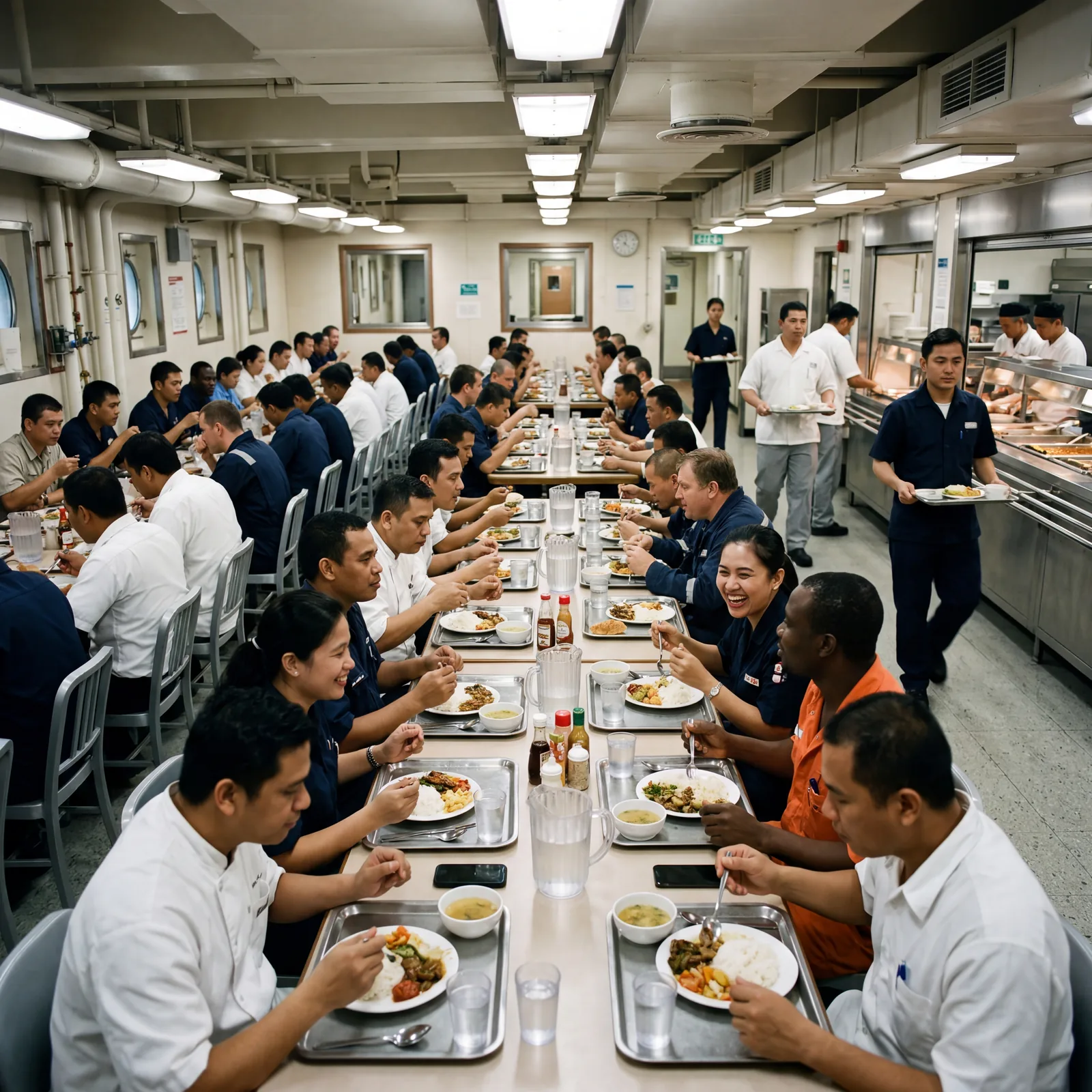 Cruise ship crew mess hall below decks, international crew members eating together at long tables, modest cafeteria-style setting, photorealistic, no text, no watermark, 16:9