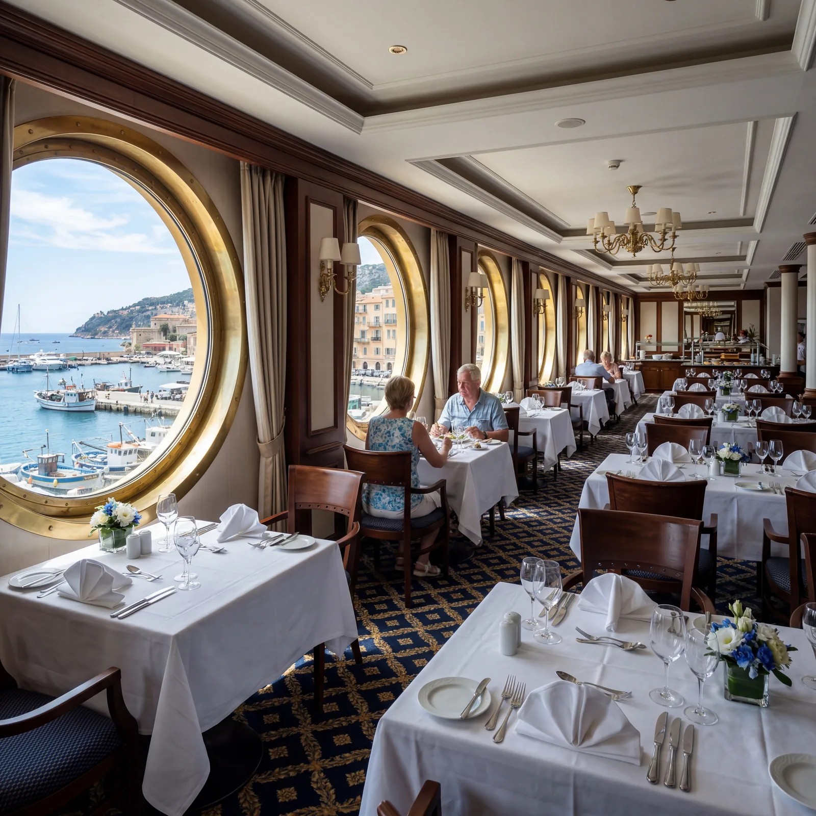 Cruise ship dining room nearly empty at lunchtime with port visible through portholes, bright natural light, travel photography, photorealistic, no text, no watermark, 16:9