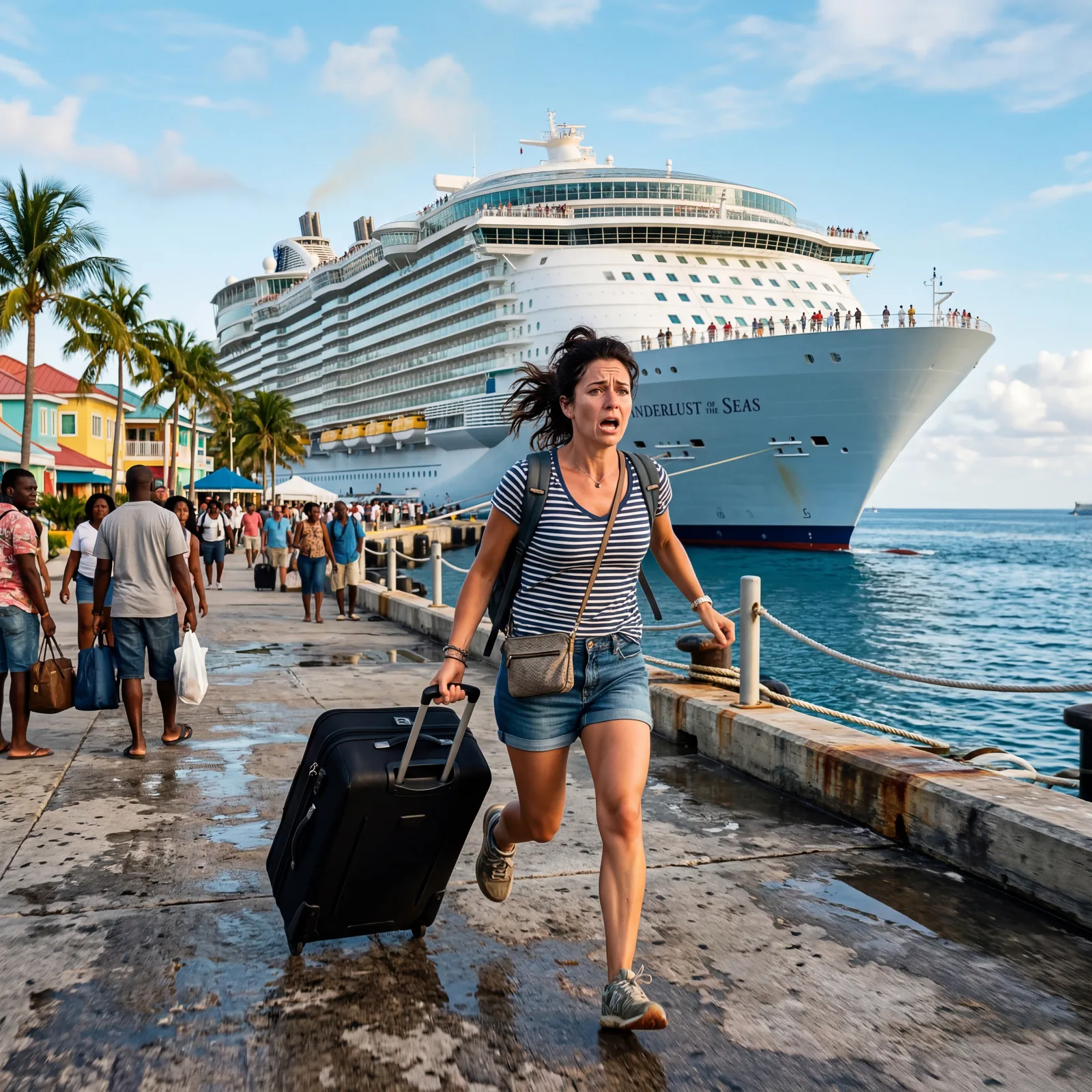 Cruise ship passenger running on the dock in a Caribbean port, ship visible in the background, stressed face, luggage in hand, editorial travel photography, photorealistic, no text, no watermark, 16:9