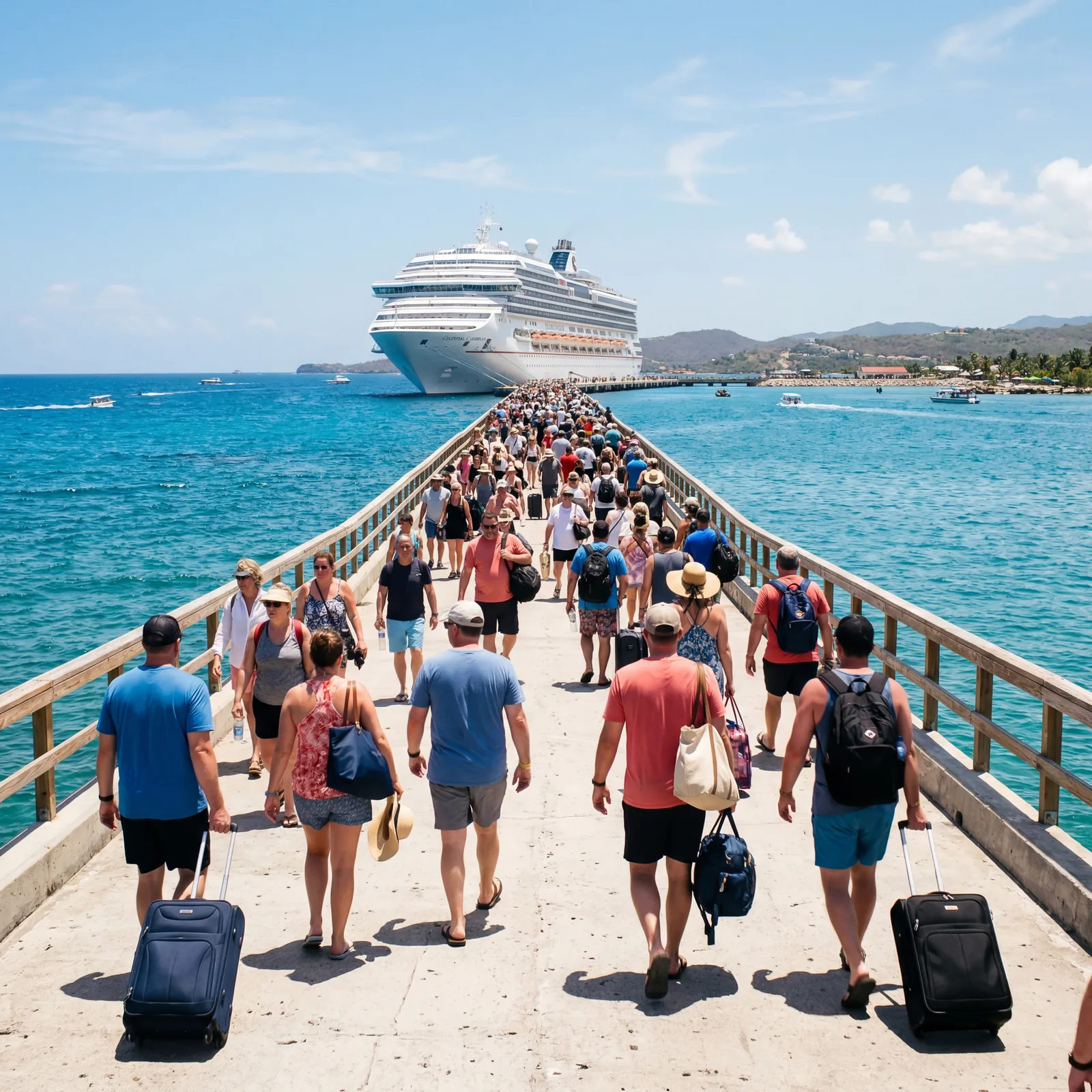 Cruise ship passengers walking a very long, exposed pier in blazing Caribbean sun with no shade, luggage, photorealistic, editorial travel photography, no text, no watermark, 16:9