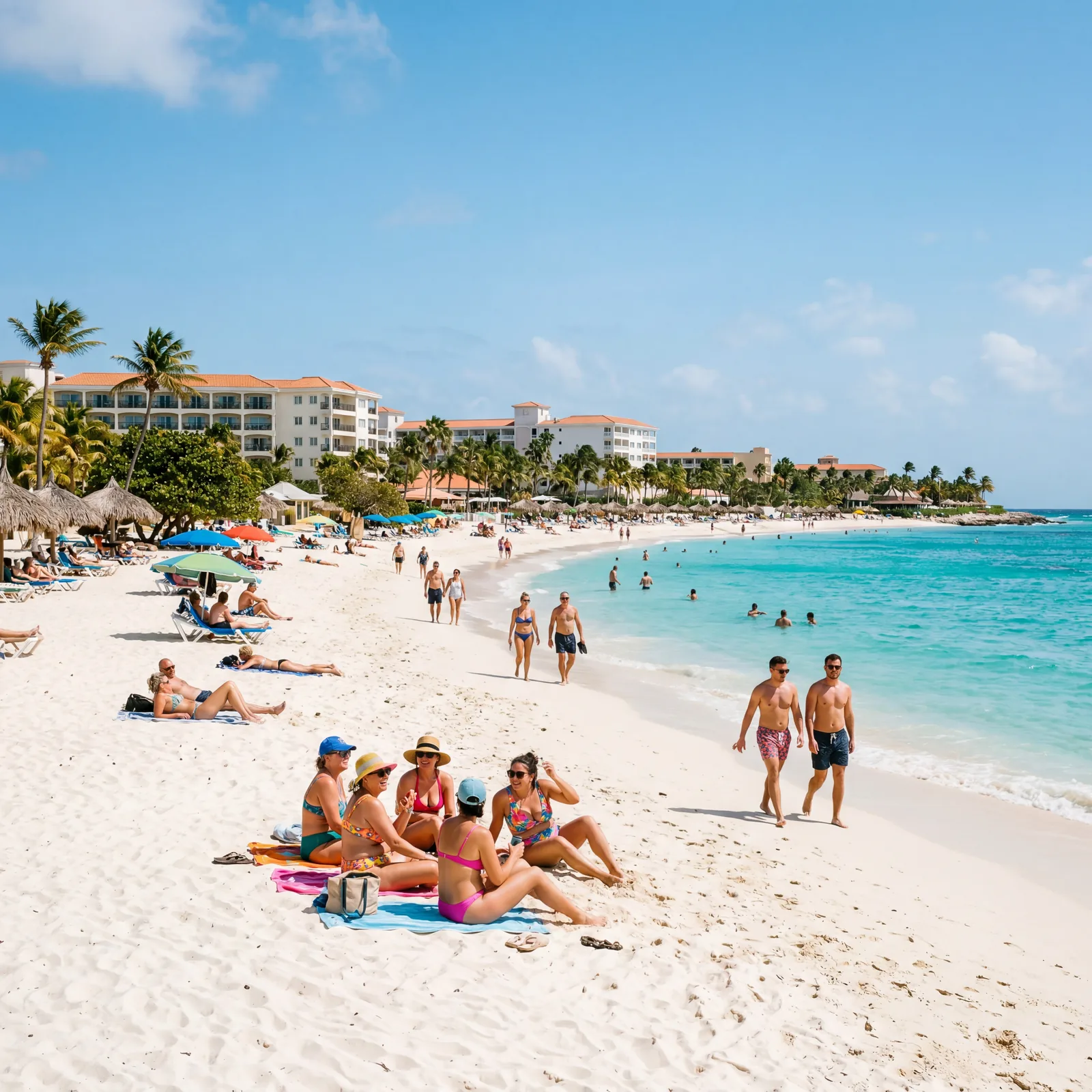 Eagle Beach Aruba with tourists and resort buildings in background, bright midday sun, photorealistic, warm editorial travel photography, no text, no watermark, 16:9