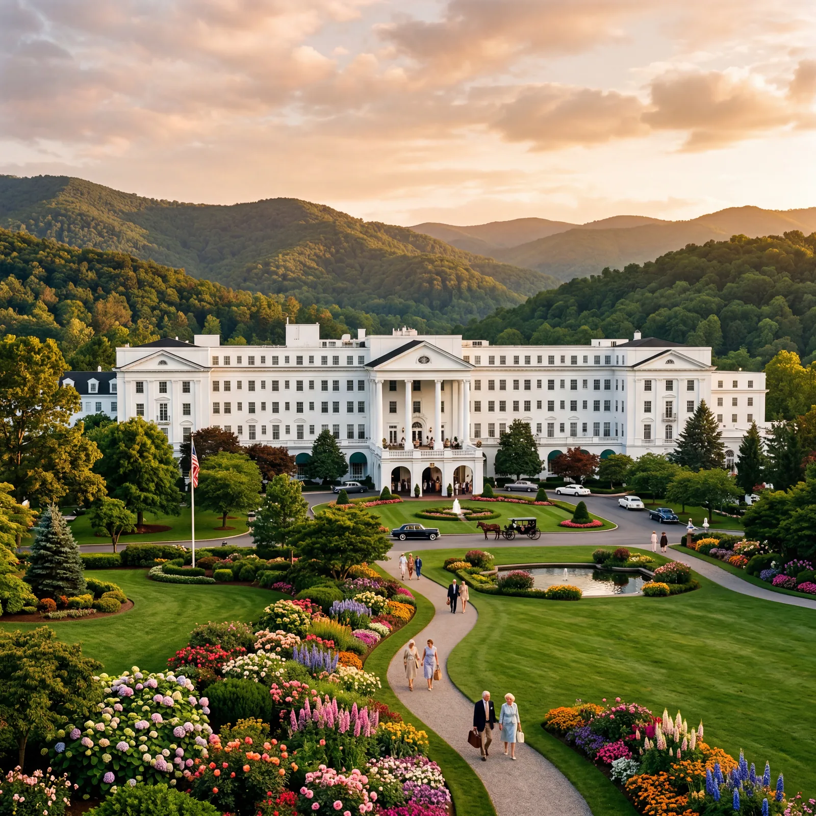 Grand white Georgian Revival resort hotel set among lush West Virginia mountains, manicured lawns with colorful floral gardens, warm editorial travel photography, golden hour, photorealistic, no text, no watermark, 16:9