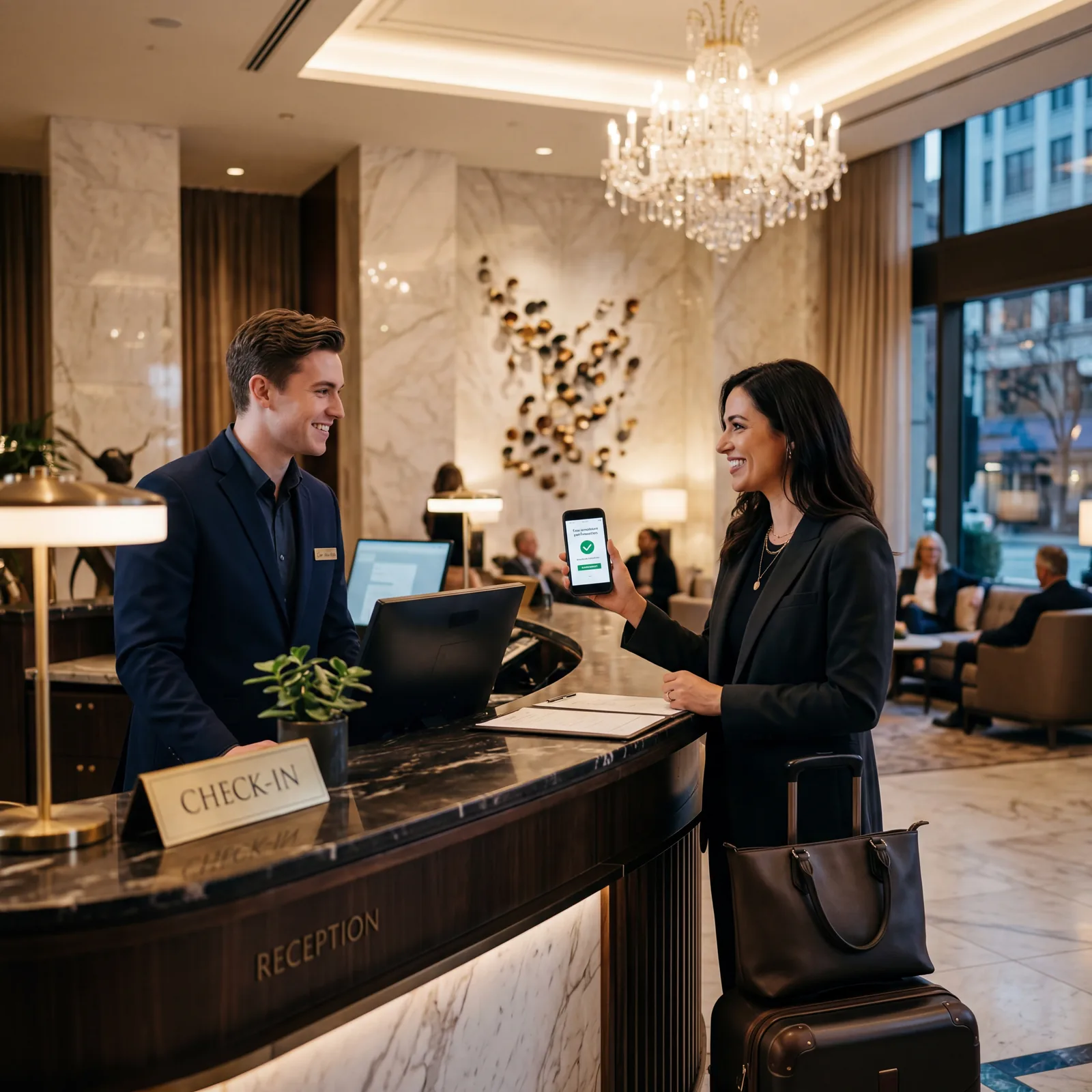 Hotel check-in counter, guest confidently presenting phone with reservation confirmation, staff smiling, upscale lobby, warm editorial travel photography, photorealistic, no text, no watermark, 16:9