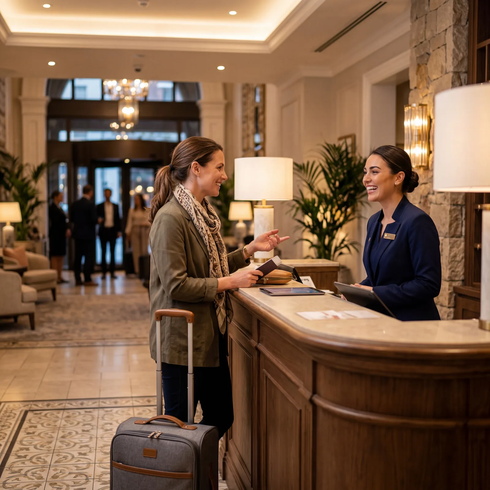Hotel lobby entrance, guest speaking with smiling hotel staff member, warm ambient lighting, editorial travel photography, photorealistic, no text, no watermark, 16:9