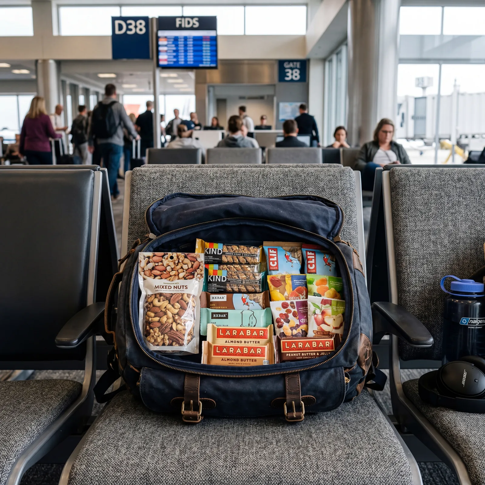Open carry-on bag with mixed nuts, protein bars, and dried fruit packets arranged neatly, airport gate seating in background, photorealistic, editorial travel photography, no text, no watermark, 16:9