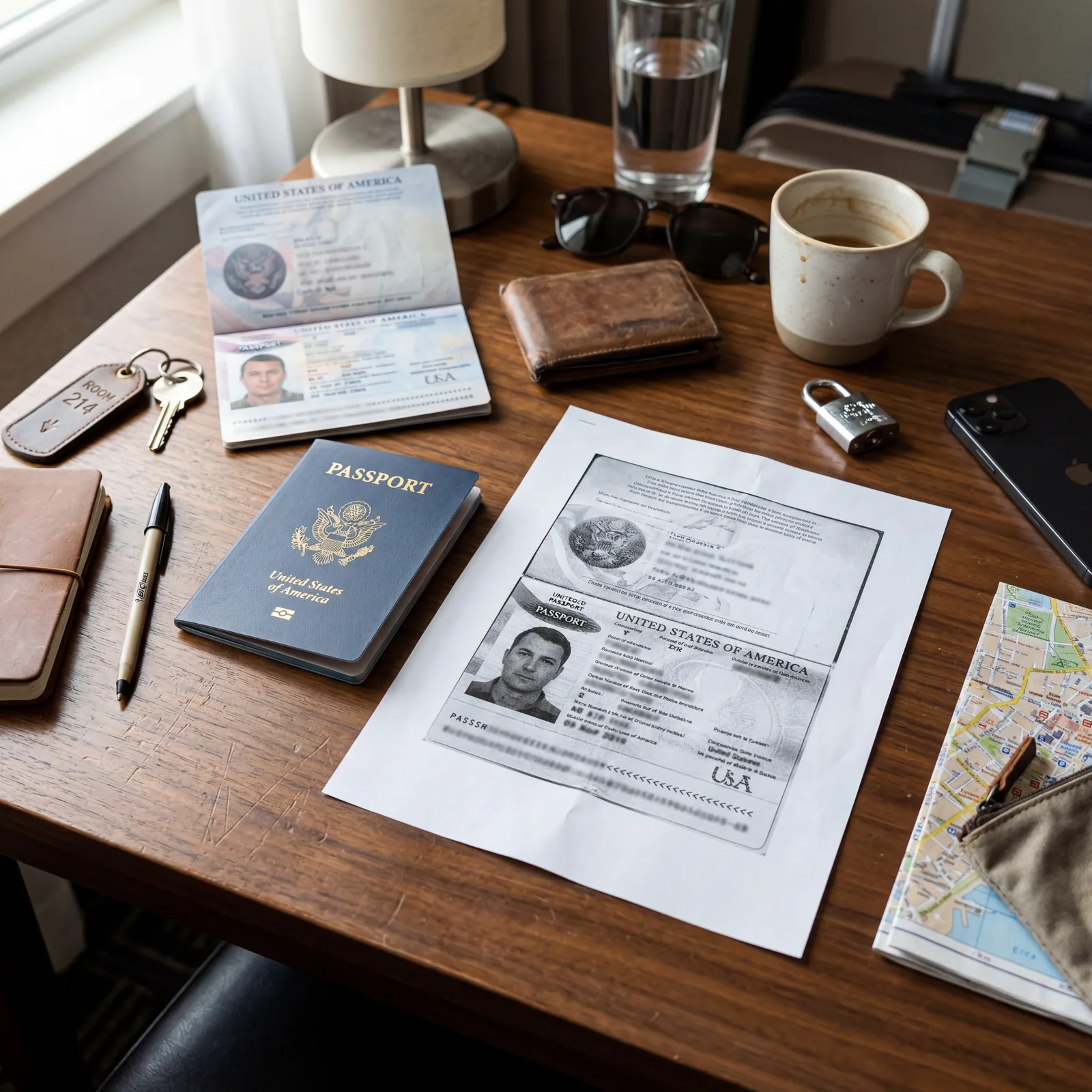 Photocopied passport document sitting on top of a hotel desk next to the original, travel items around, photorealistic, no text, no watermark, 16:9