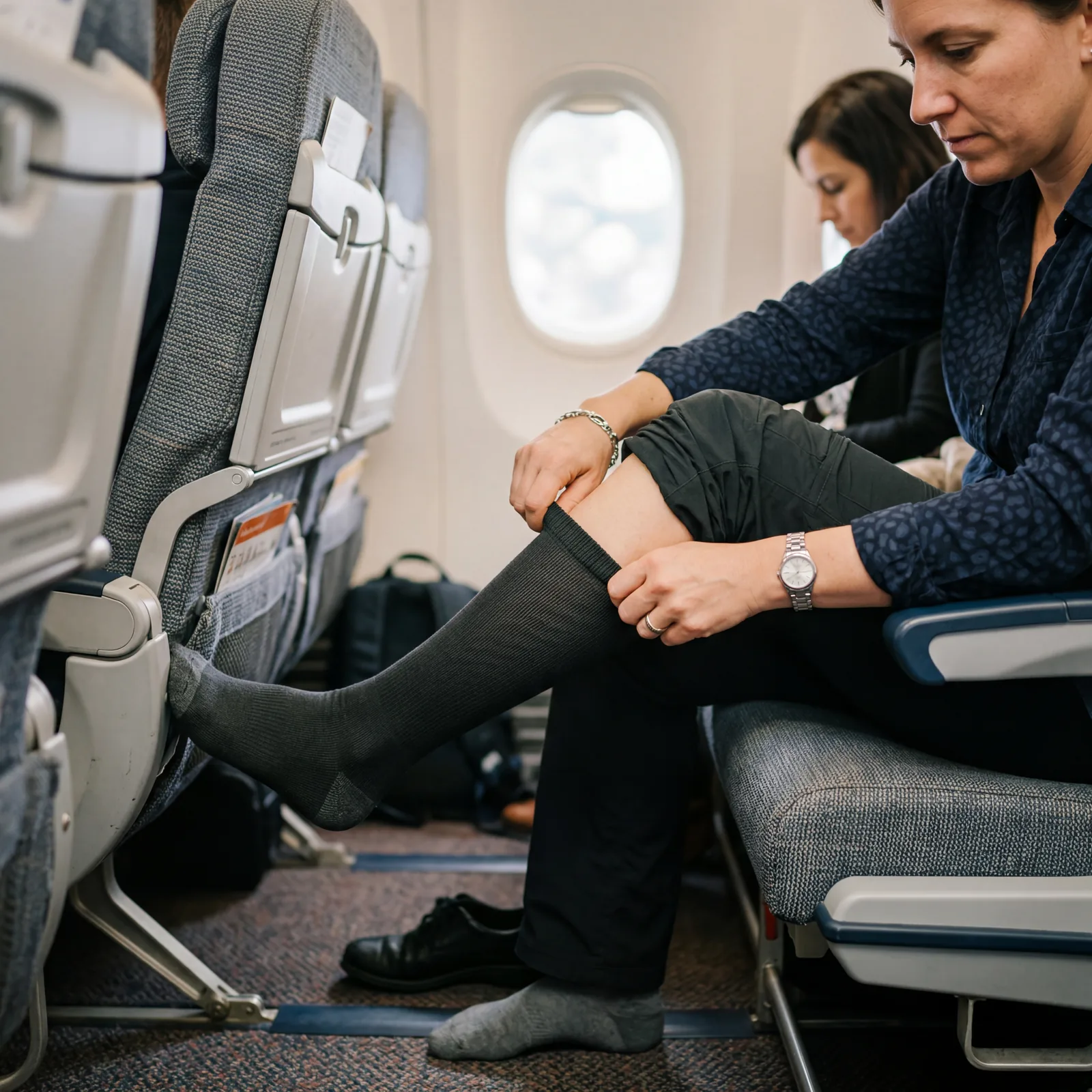 A close-up of compression socks being pulled on by a traveler seated on an airplane, cabin interior background, photorealistic, warm editorial photography, no text, no watermark, 16:9