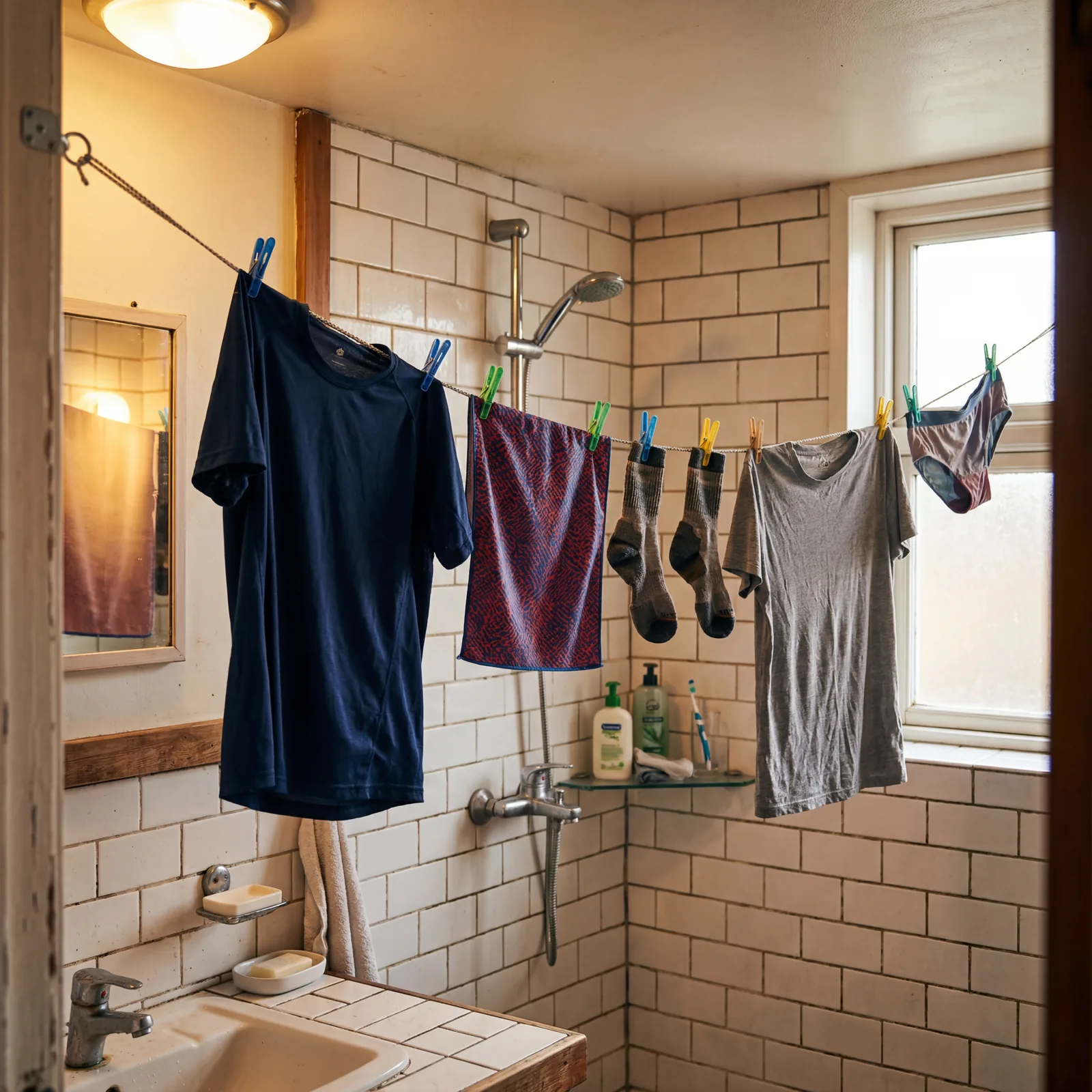 A lightweight travel clothesline strung between two hooks in a hostel bathroom with clothes drying, warm light, photorealistic, no text, no watermark, 16:9