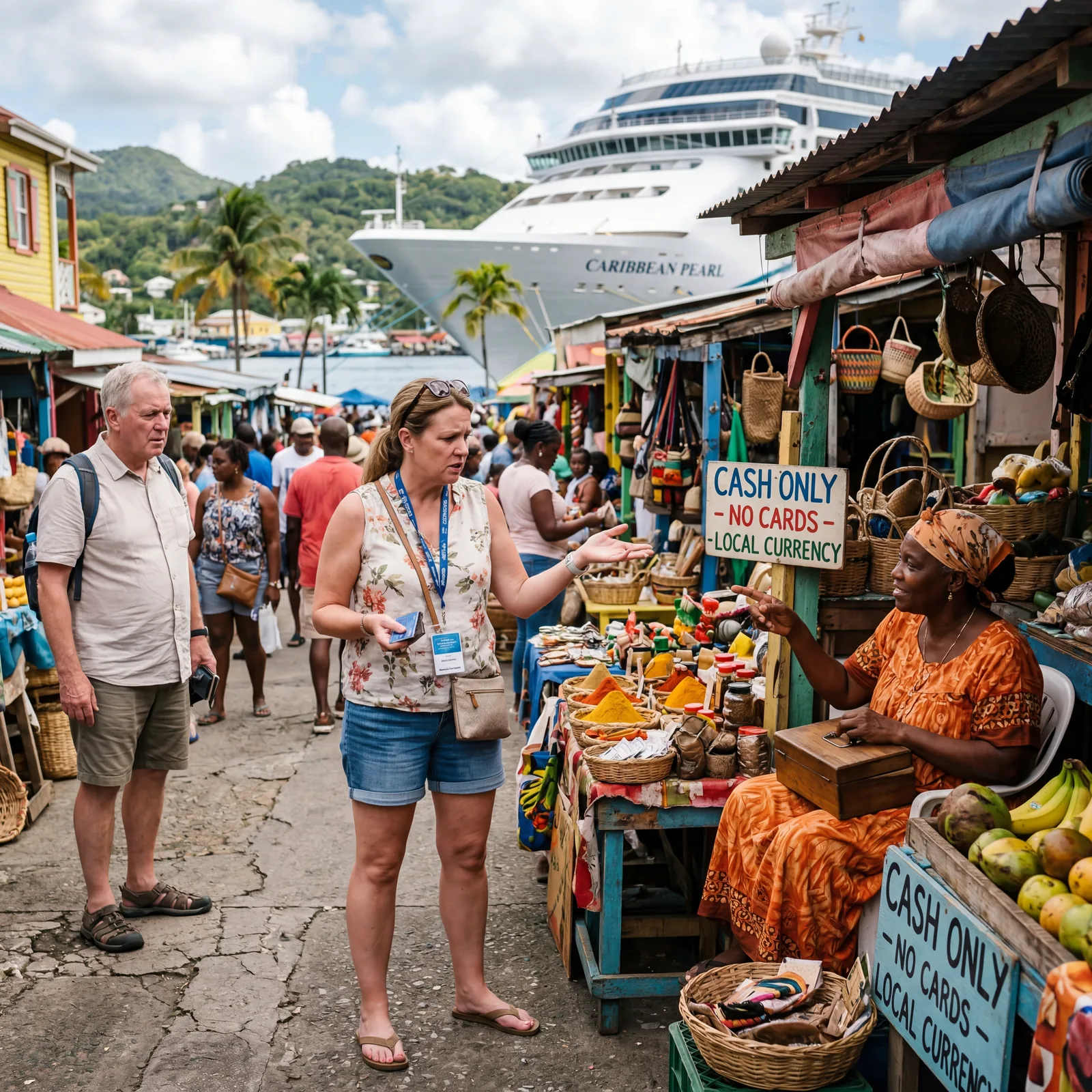 Cruise passenger looking frustrated at a small local market stall that only accepts cash, Caribbean port, photorealistic, editorial travel photography, no text, no watermark, 16:9