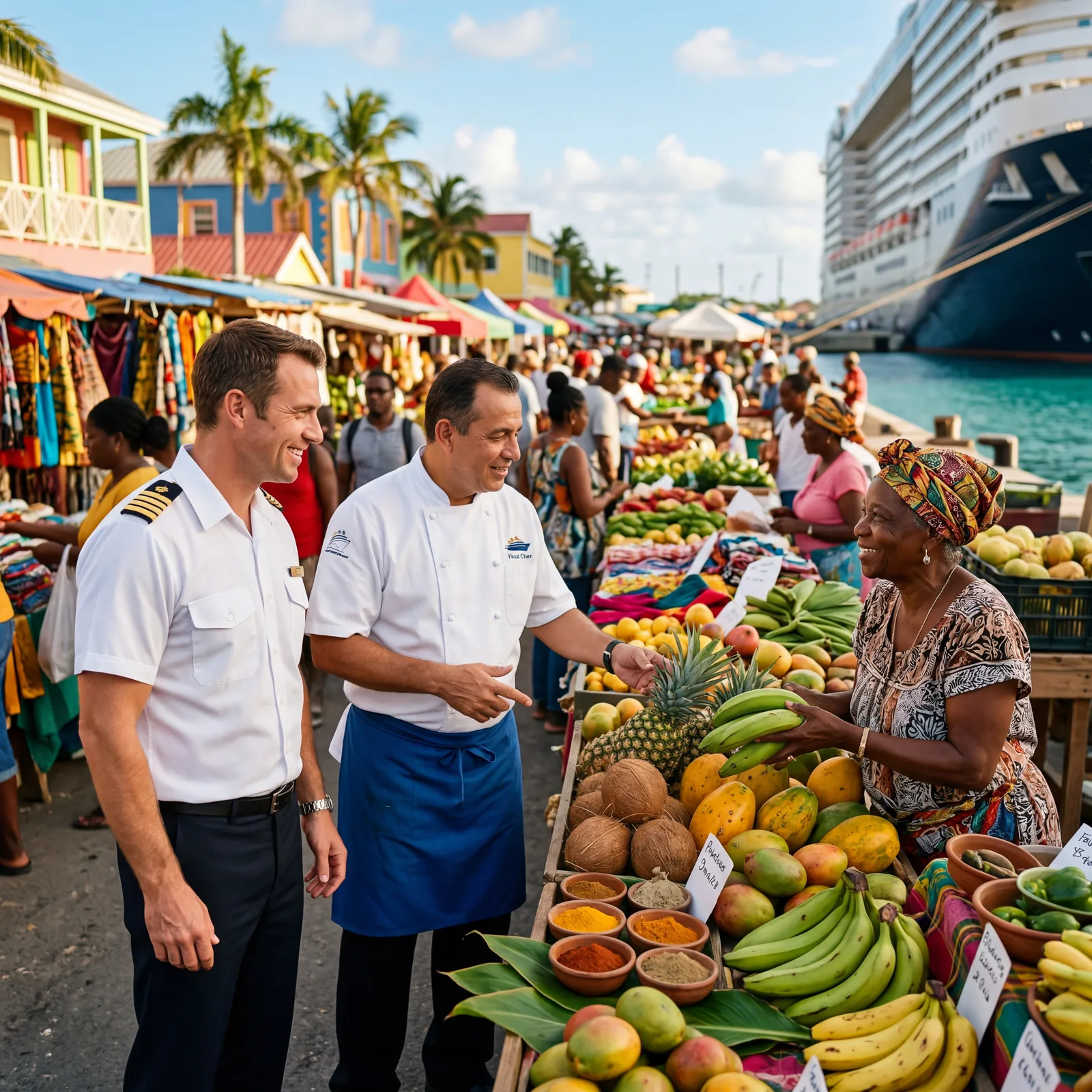 Cruise ship first officer and chef negotiating with local vendors at a Caribbean port market, fresh tropical produce, photorealistic, cinematic, no text, no watermark, 16:9