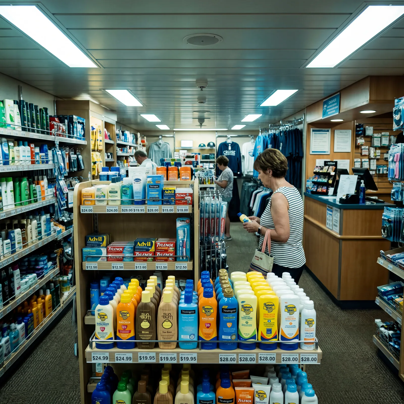 Cruise ship gift shop with overpriced sunscreen and toiletries on display, fluorescent lighting, candid travel photography, photorealistic, no text, no watermark, 16:9