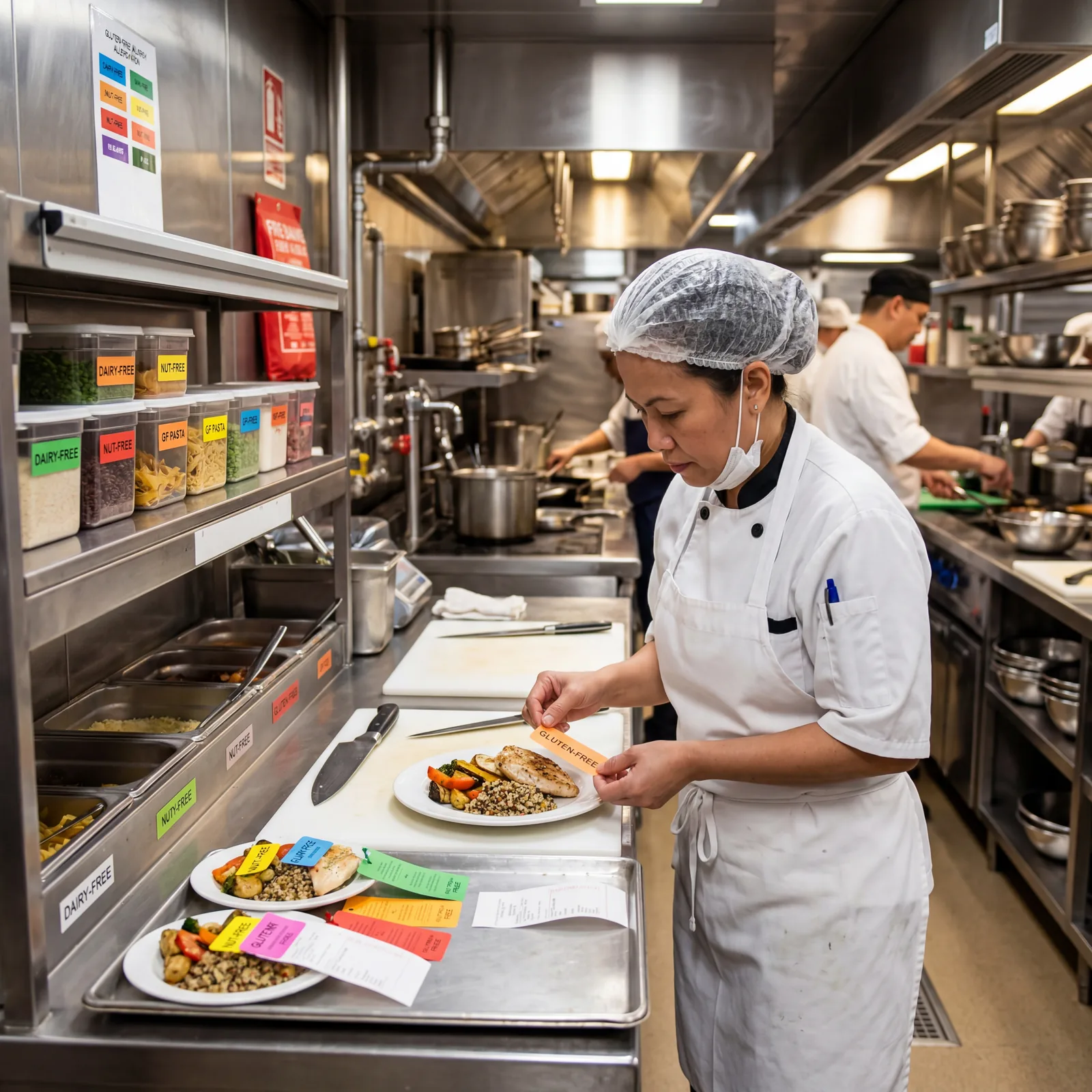 Cruise ship special dietary meals being prepared separately in the galley, allergen-free kitchen station, chef checking dietary labels, photorealistic, no text, no watermark, 16:9