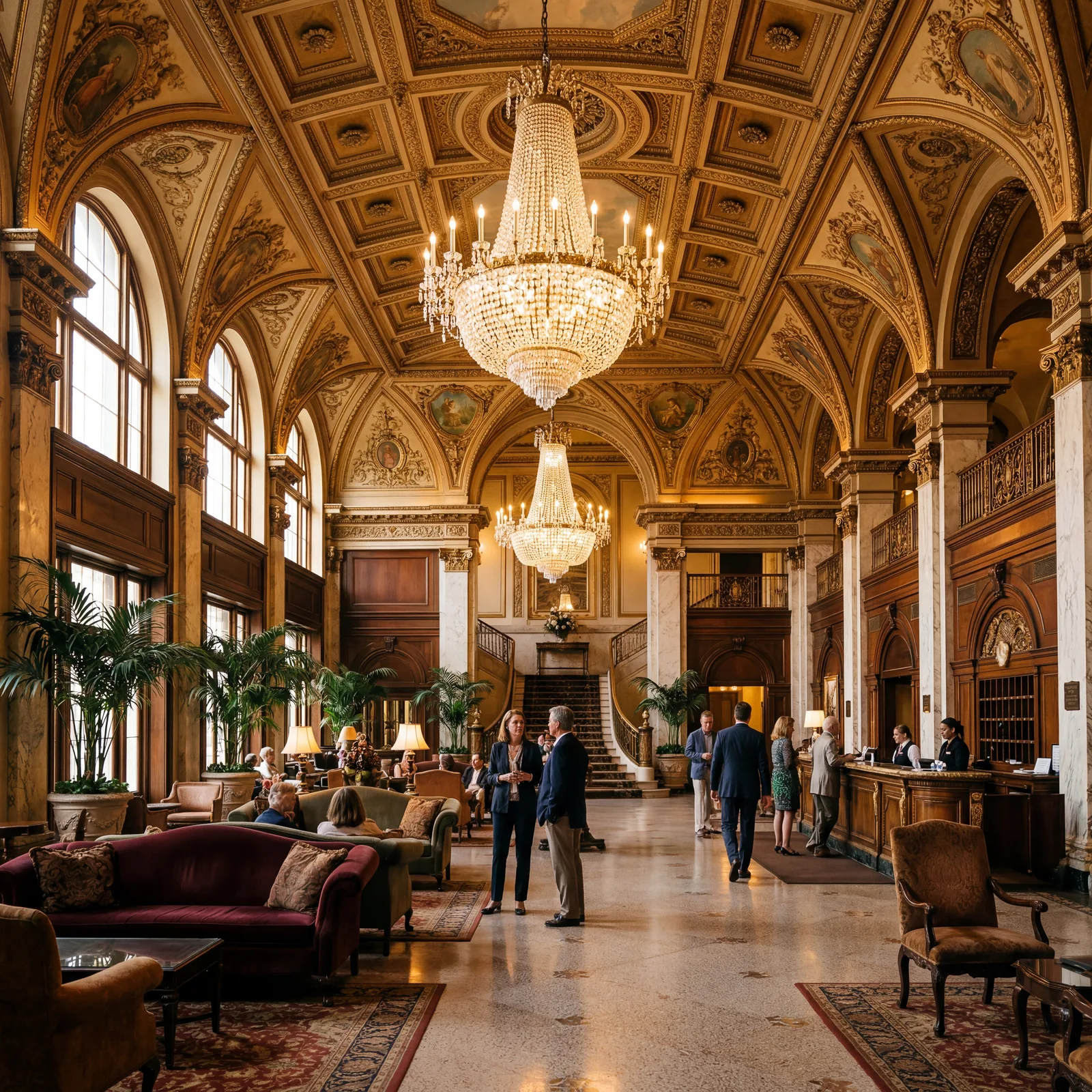 Grand historic hotel lobby in New Orleans with soaring ornate ceilings and massive crystal chandeliers, warm editorial travel photography, golden hour, photorealistic, no text, no watermark, 16:9