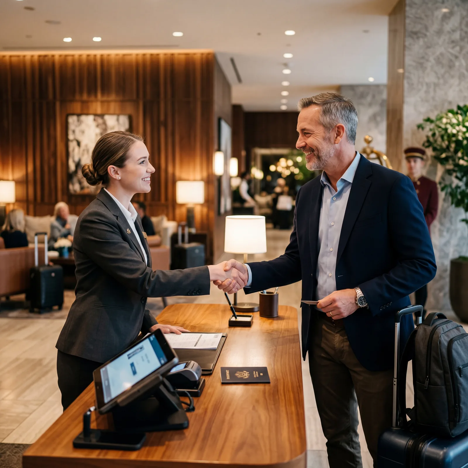 Hotel front desk check-in, warm handshake or friendly greeting between American guest and hotel staff member, professional lobby setting, warm editorial travel photography, photorealistic, no text, no watermark, 16:9