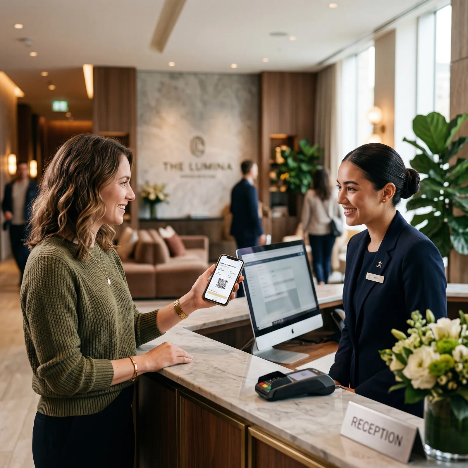 Hotel reception desk, guest showing phone screen to front desk staff, modern hotel interior, warm editorial photography, photorealistic, no text, no watermark, 16:9