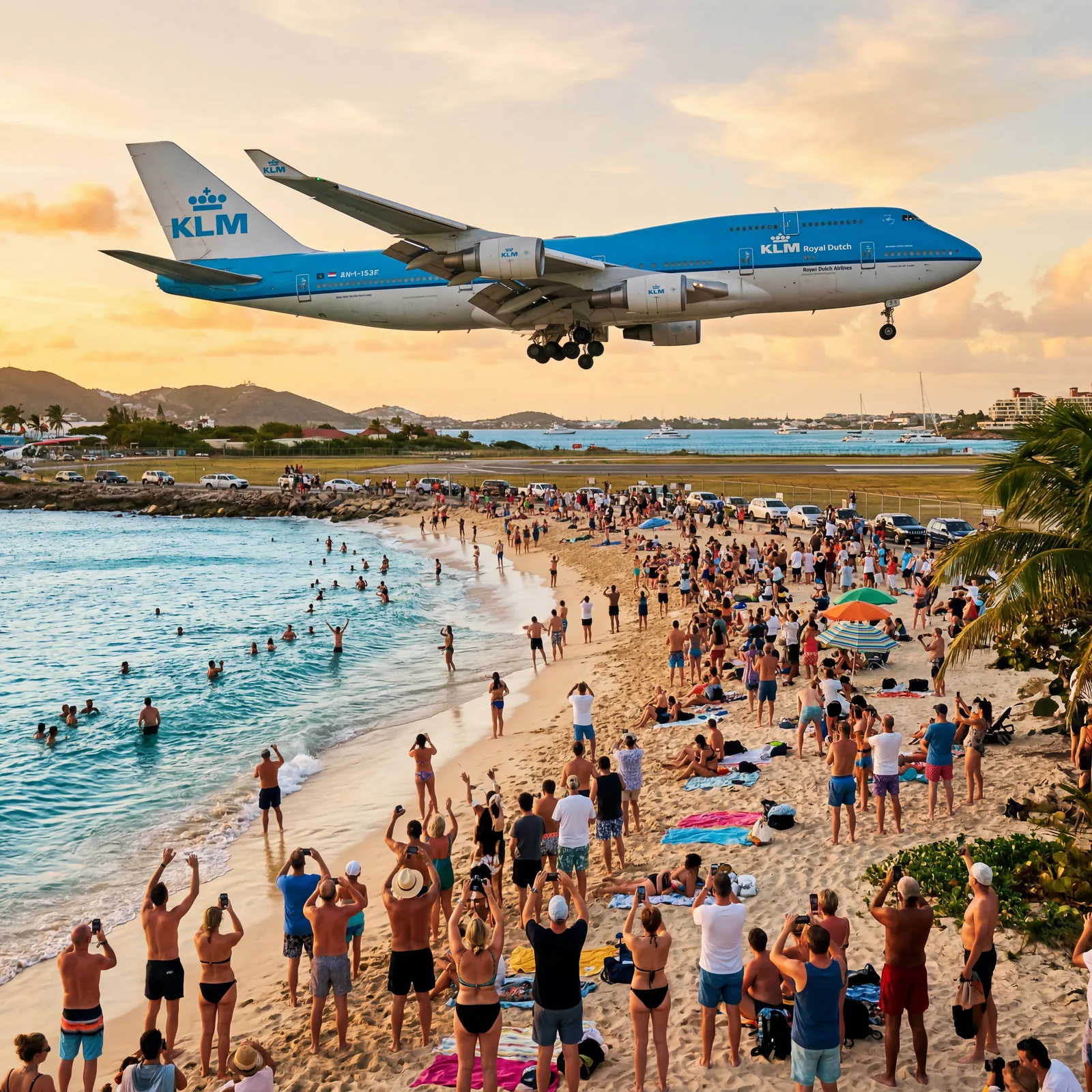 Maho Beach St Maarten with airplane landing over tourists on beach, photorealistic, warm editorial travel photography, golden hour, no text, no watermark, 16:9