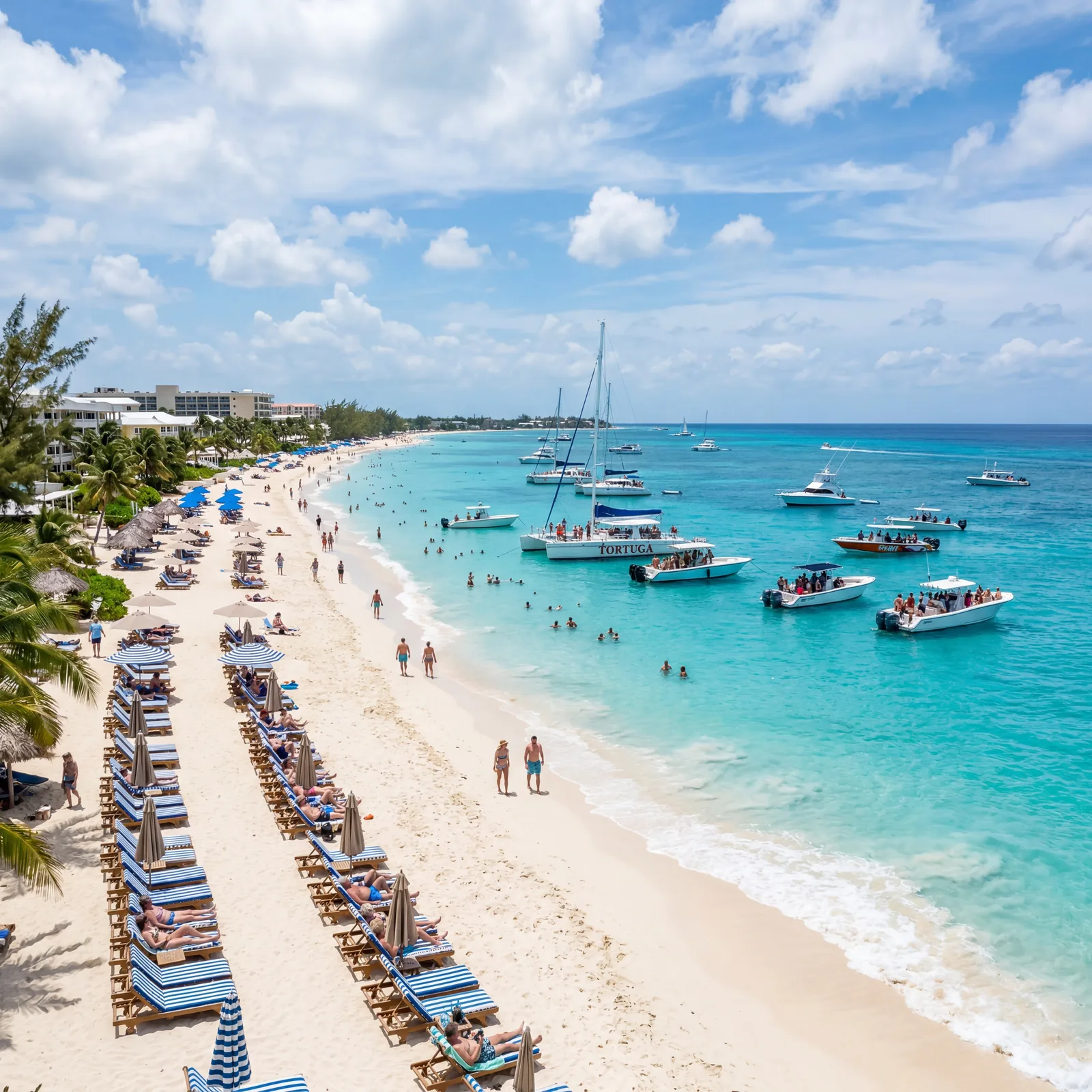 Seven Mile Beach Grand Cayman Cayman Islands with tourist boats and beach chairs, photorealistic, no text, no watermark, 16:9