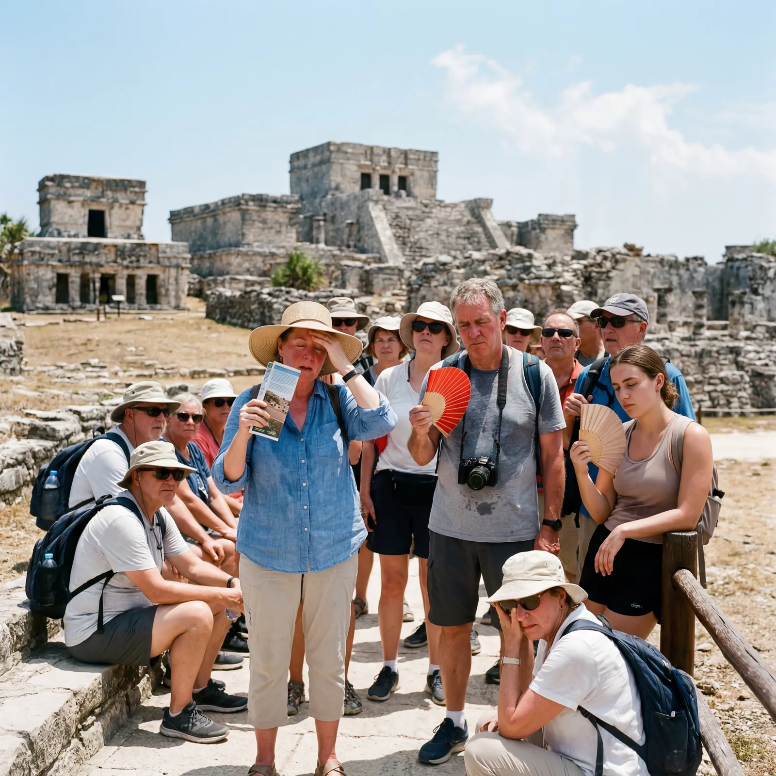 Tour group wilting in the midday sun at an outdoor archaeological site in Mexico, intense heat visible, everyone fanning themselves, editorial travel photography, photorealistic, no text, no watermark, 16:9