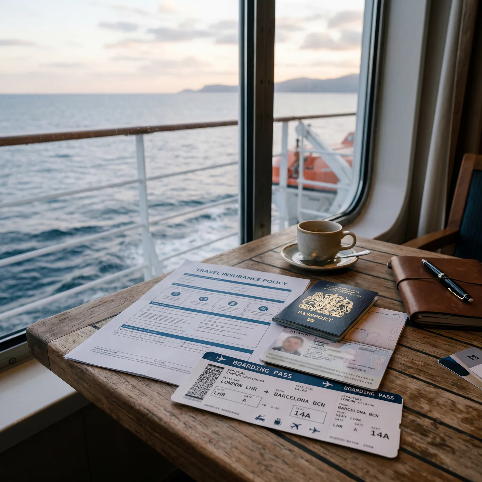 travel insurance document on a cruise ship table with a passport and boarding pass, soft editorial lighting, realistic travel photography, no text, no watermark, 16:9