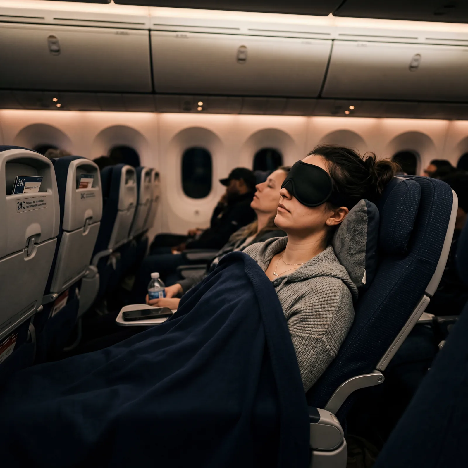 Traveler wearing a soft contoured sleep mask in economy class airplane seat, reclined, blanket over shoulders, overhead lighting dimmed, photorealistic, editorial travel photography, no text, no watermark, 16:9