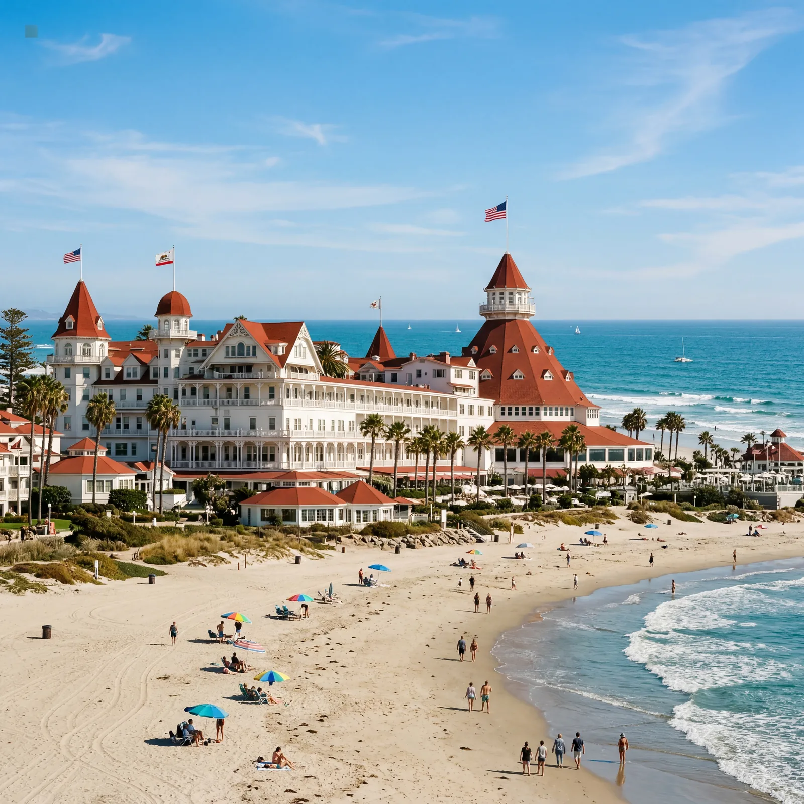 Victorian seaside hotel with red turrets and white clapboard siding on Coronado beach San Diego, Pacific Ocean behind it, blue sky, warm editorial travel photography, photorealistic, no text, no watermark, 16:9