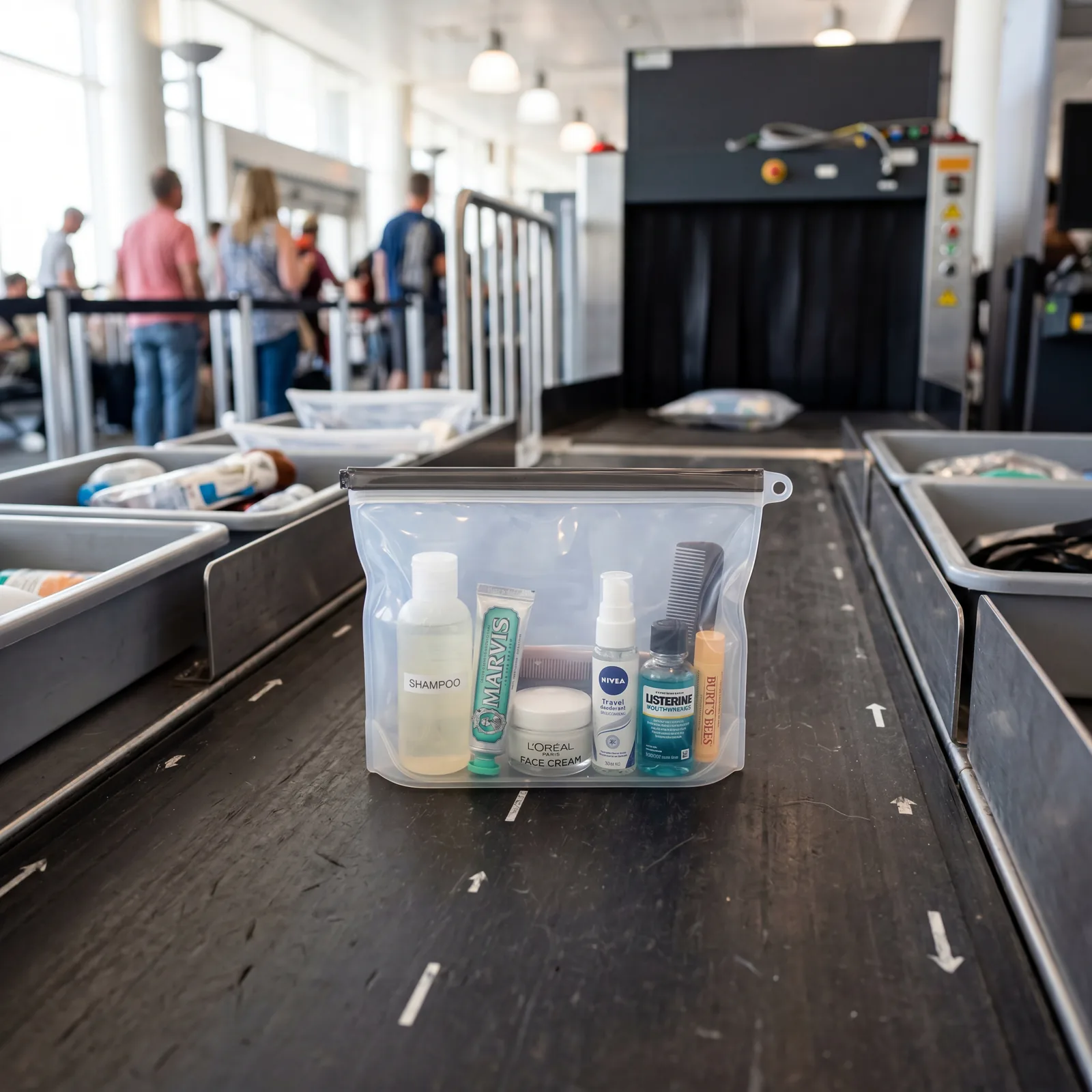 A clear reusable silicone bag containing travel-sized toiletries laid flat on an airport security conveyor belt, photorealistic, bright lighting, no text, no watermark, 16:9