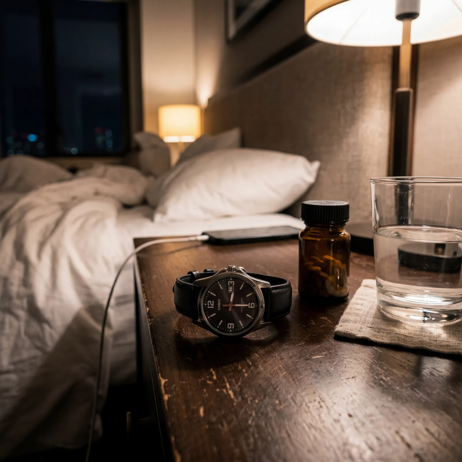 A small bottle of melatonin tablets on a hotel nightstand beside a glass of water, traveler's watch showing 3am, photorealistic, no text, no watermark, 16:9