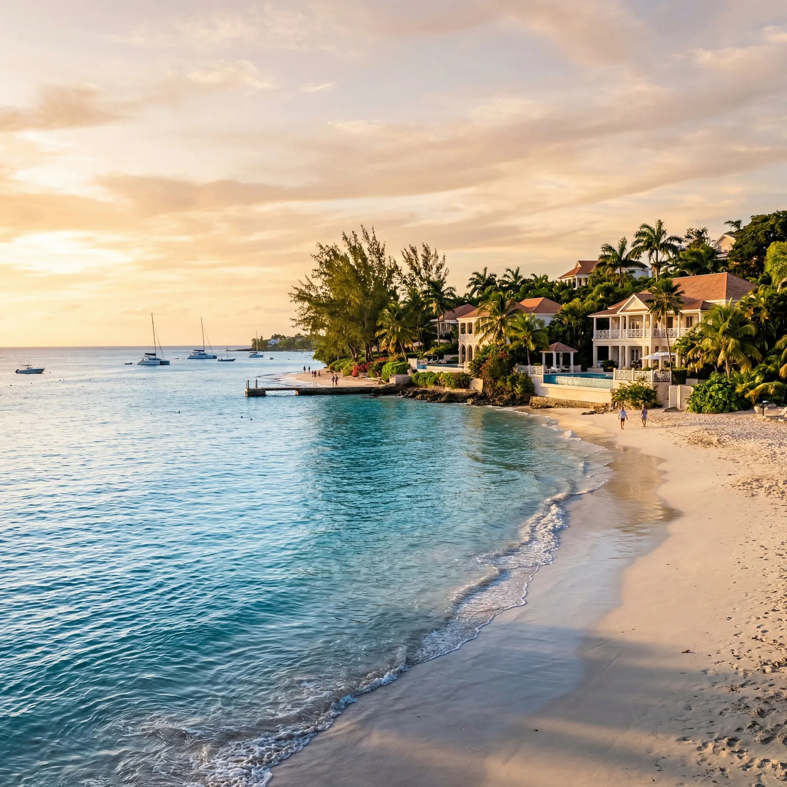 Barbados west coast beach with luxury villas visible, blue Caribbean water, editorial travel photography, golden hour, photorealistic, no text, no watermark, 16:9