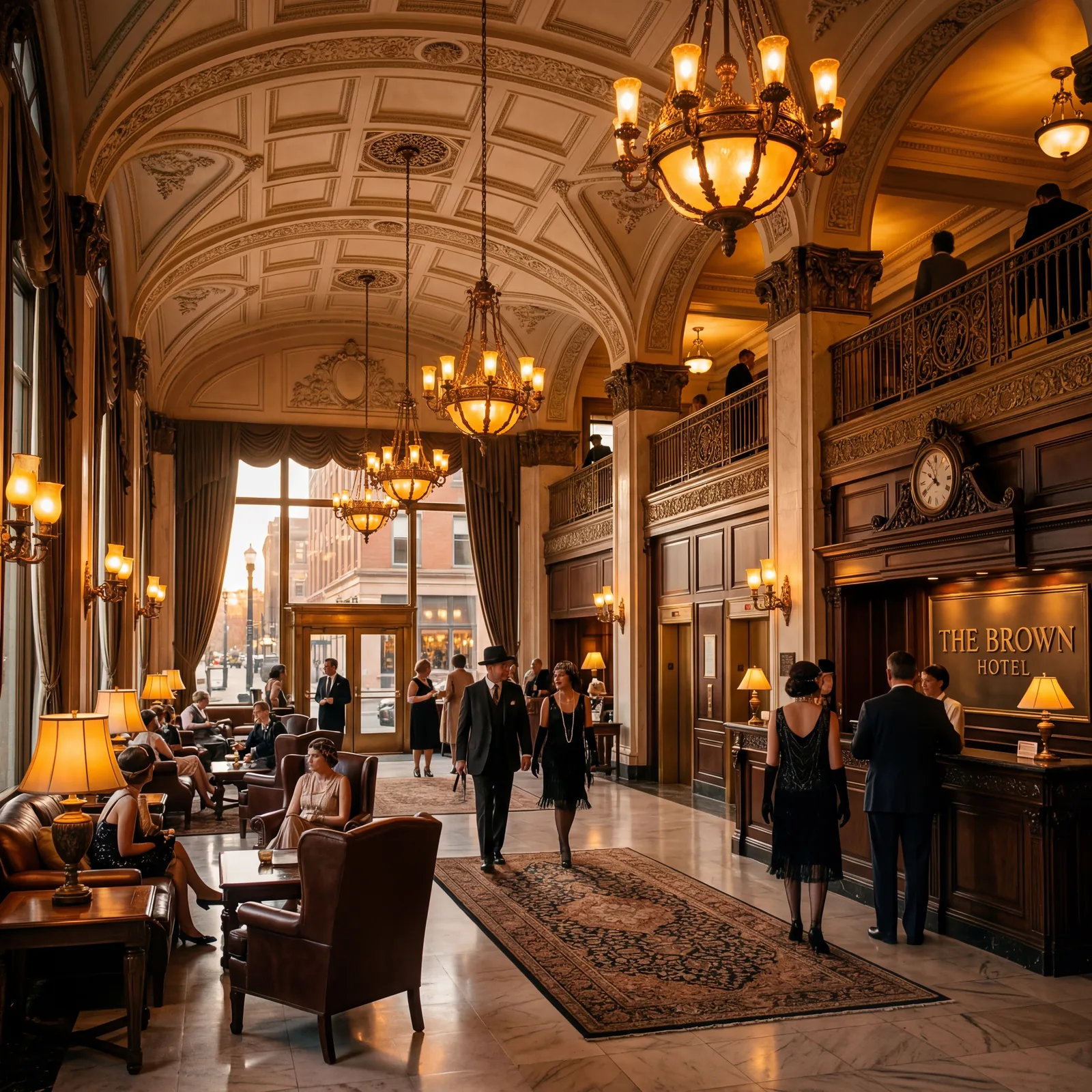 Classic 1920s grand hotel lobby in Louisville Kentucky with bronze light fixtures and warm amber lighting, warm editorial travel photography, golden hour, photorealistic, no text, no watermark, 16:9