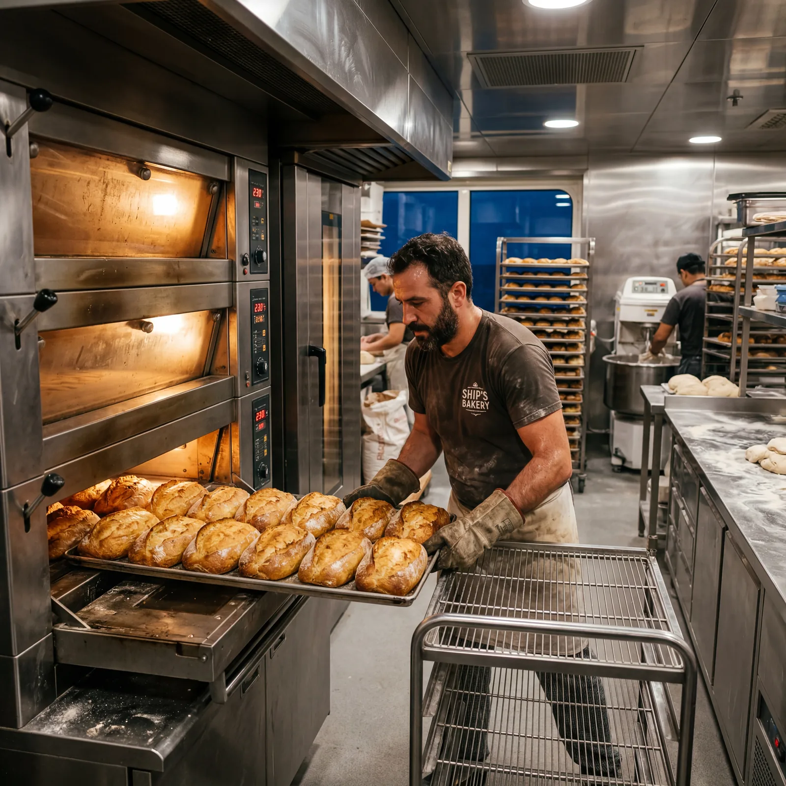 Cruise ship baker pulling fresh loaves from industrial ovens at 2am, warm golden light, stainless steel bakery, photorealistic, no text, no watermark, 16:9