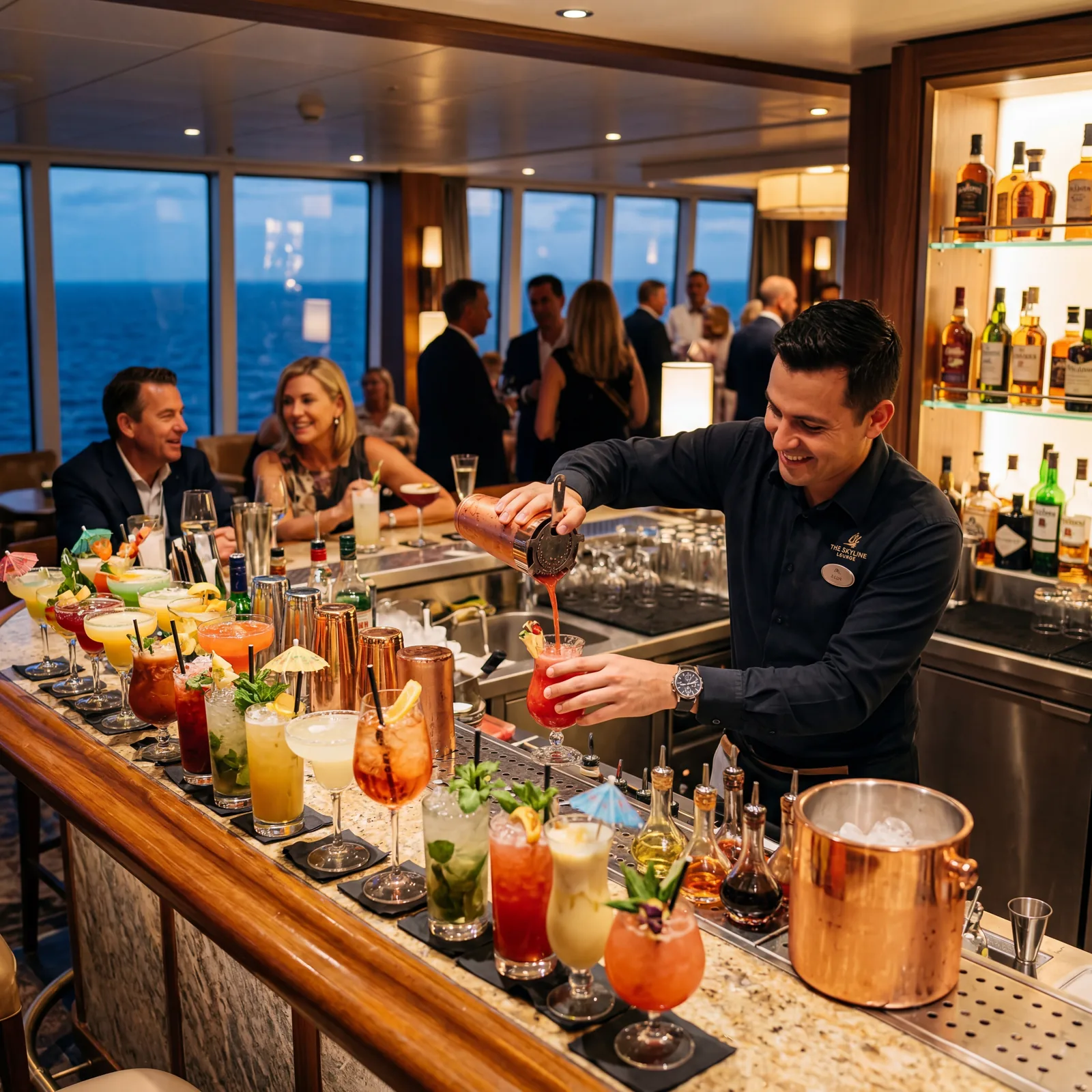Cruise ship bar with rows of specialty cocktails and beverages, bartender pouring drinks, colorful drinks on bar counter, editorial travel photography, photorealistic, no text, no watermark, 16:9