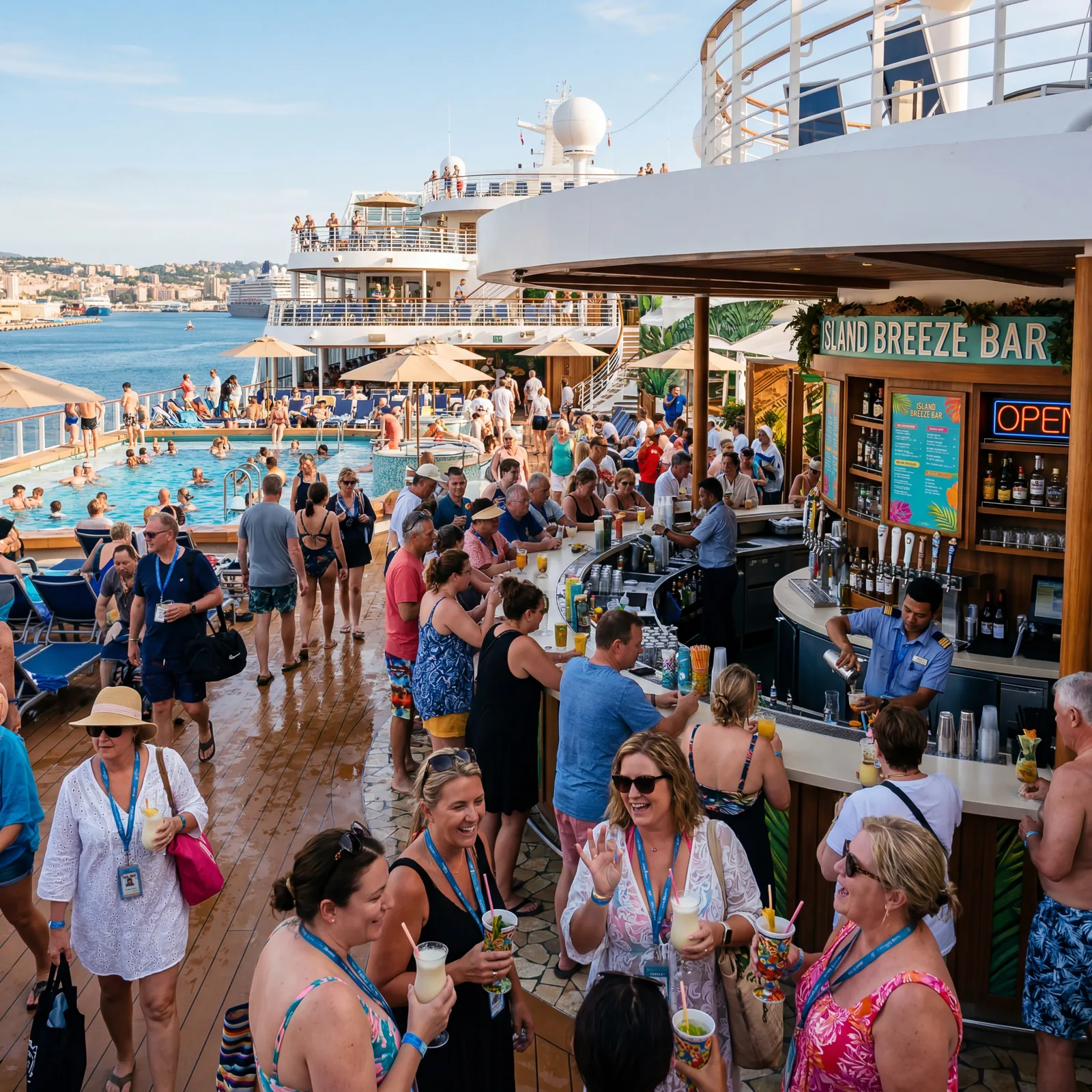 cruise ship pool deck bar busy on embarkation day with passengers drinking cocktails in the afternoon sun, vibrant realistic travel photography, no text, no watermark, 16:9