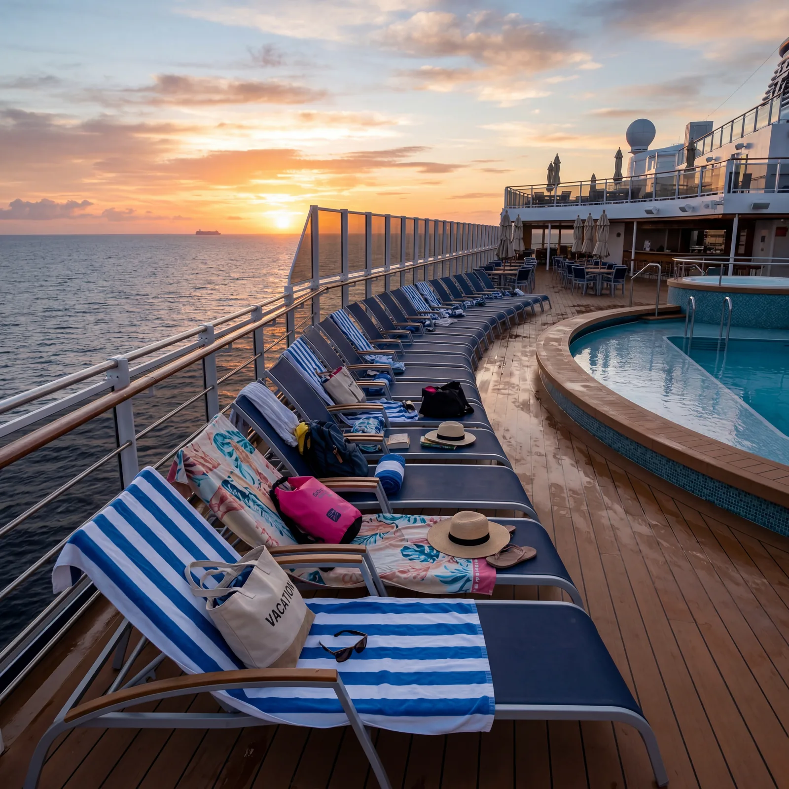 Empty cruise ship pool deck with towels and bags saving chairs at sunrise, nobody sitting in them, travel photography, photorealistic, no text, no watermark, 16:9