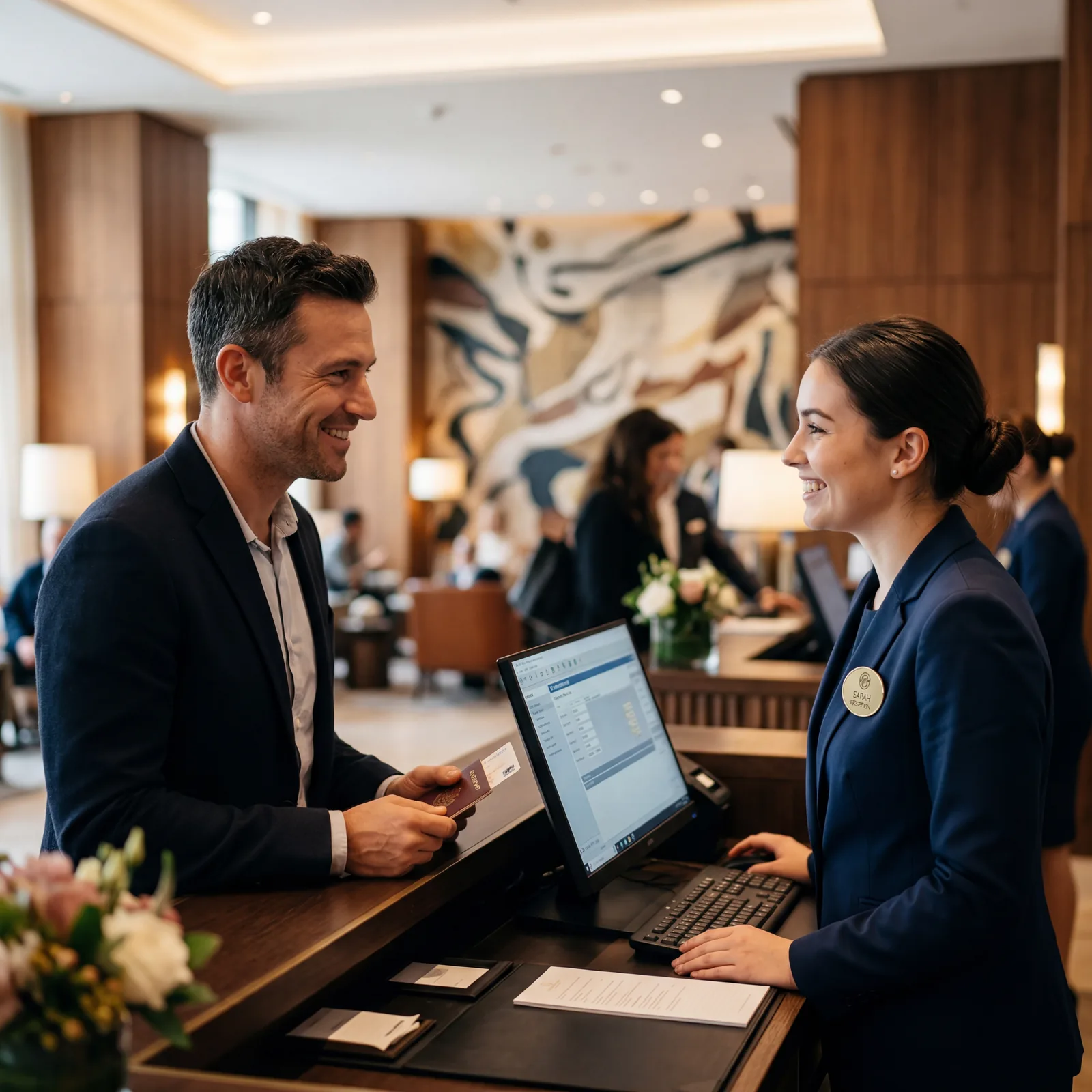 Hotel front desk name badge close-up, guest making eye contact and smiling at staff member, professional hotel setting, warm editorial travel photography, photorealistic, no text, no watermark, 16:9