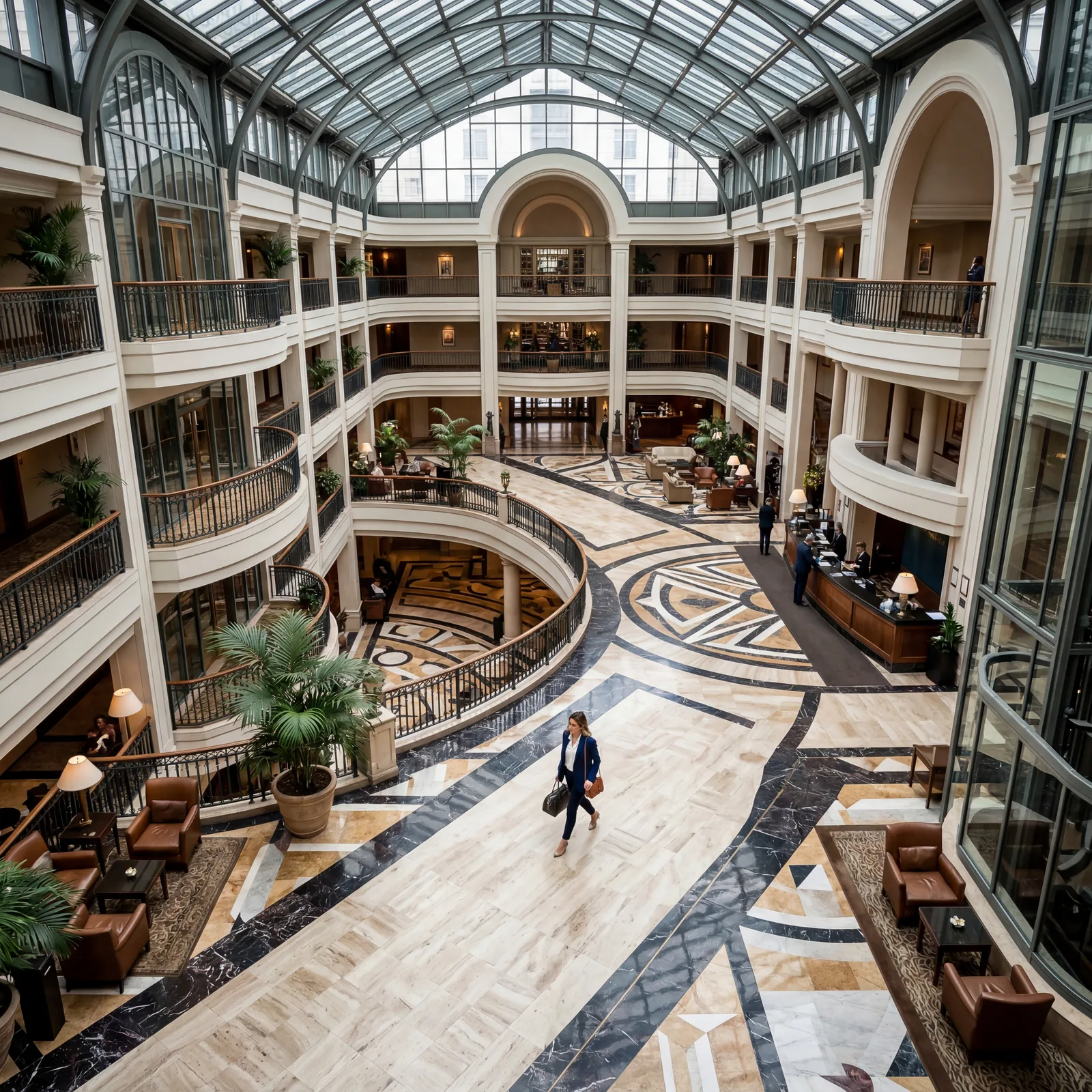 Hotel lobby seen from above, guest walking through atrium unaware of being observed, elegant marble floors, photorealistic, editorial photography, no text, no watermark, 16:9